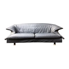 Rare Blue-Grey Leather Sofa by Saporiti, 1980s