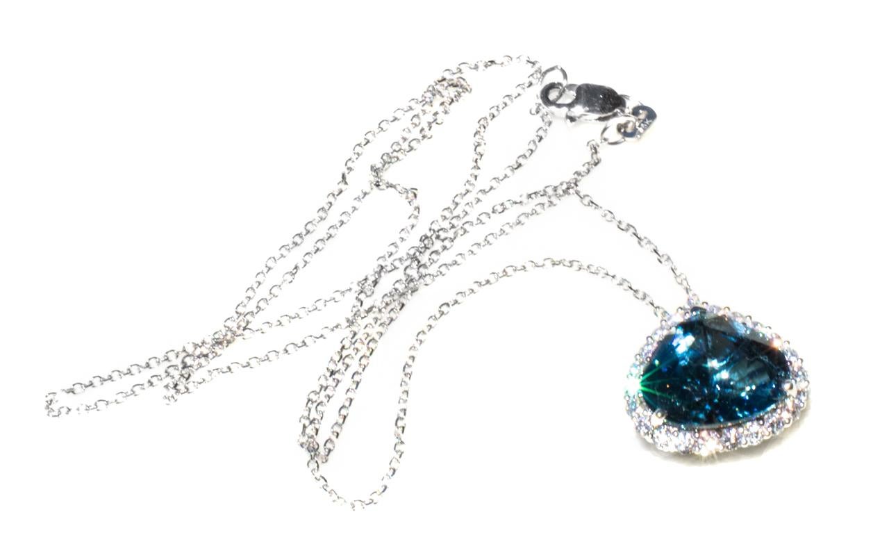 Contemporary Rare Blue Indicolite Tourmaline & Diamond Pendant with Chain