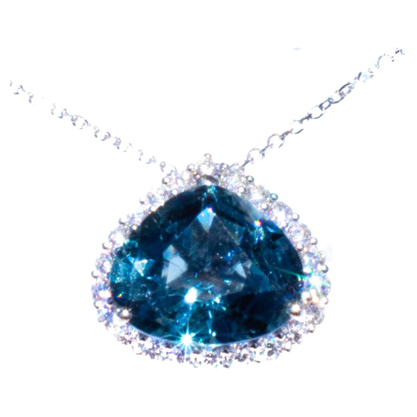 Rare Blue Indicolite Tourmaline & Diamond Pendant with Chain