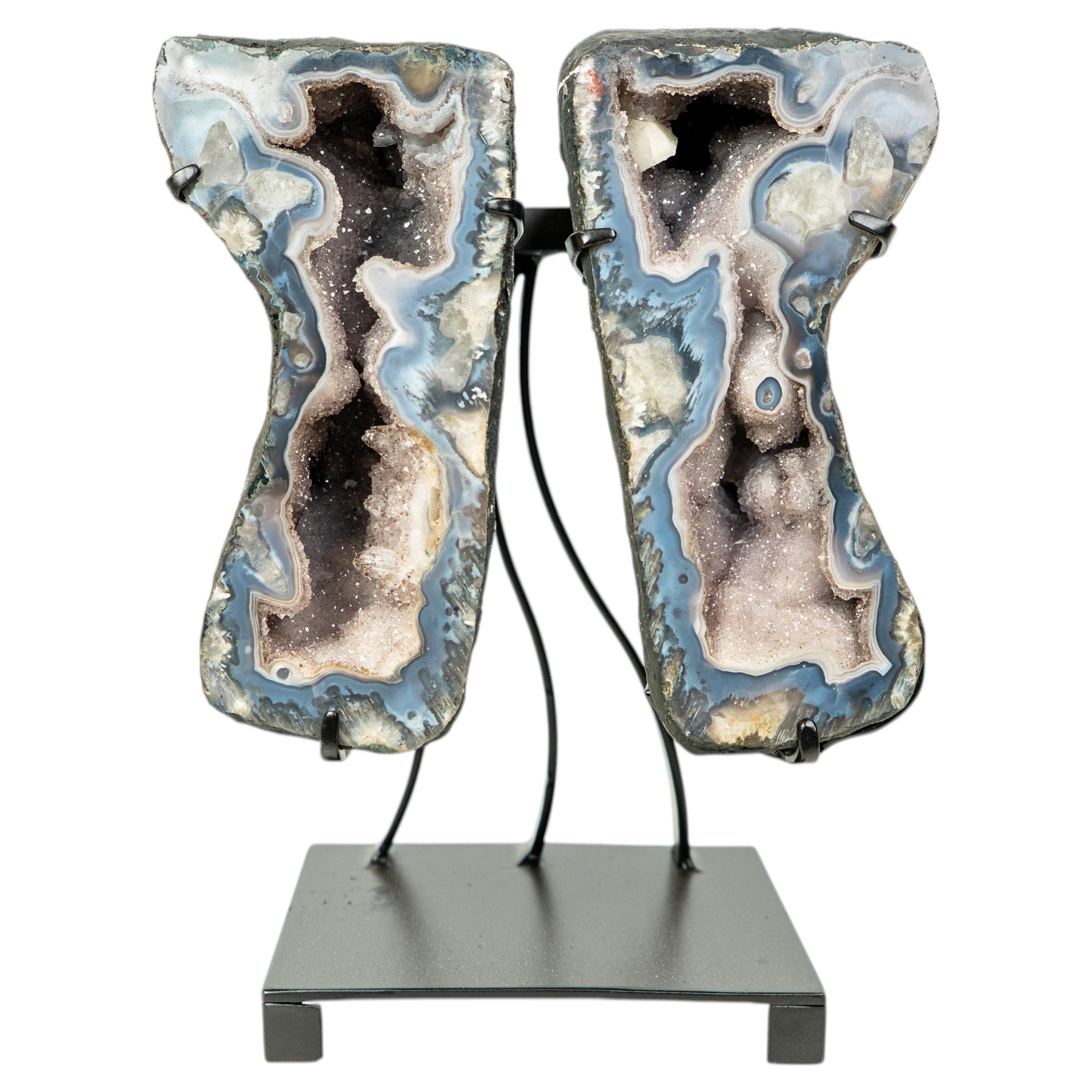 Rare Blue Lace Agate Butterfly Geode Pair