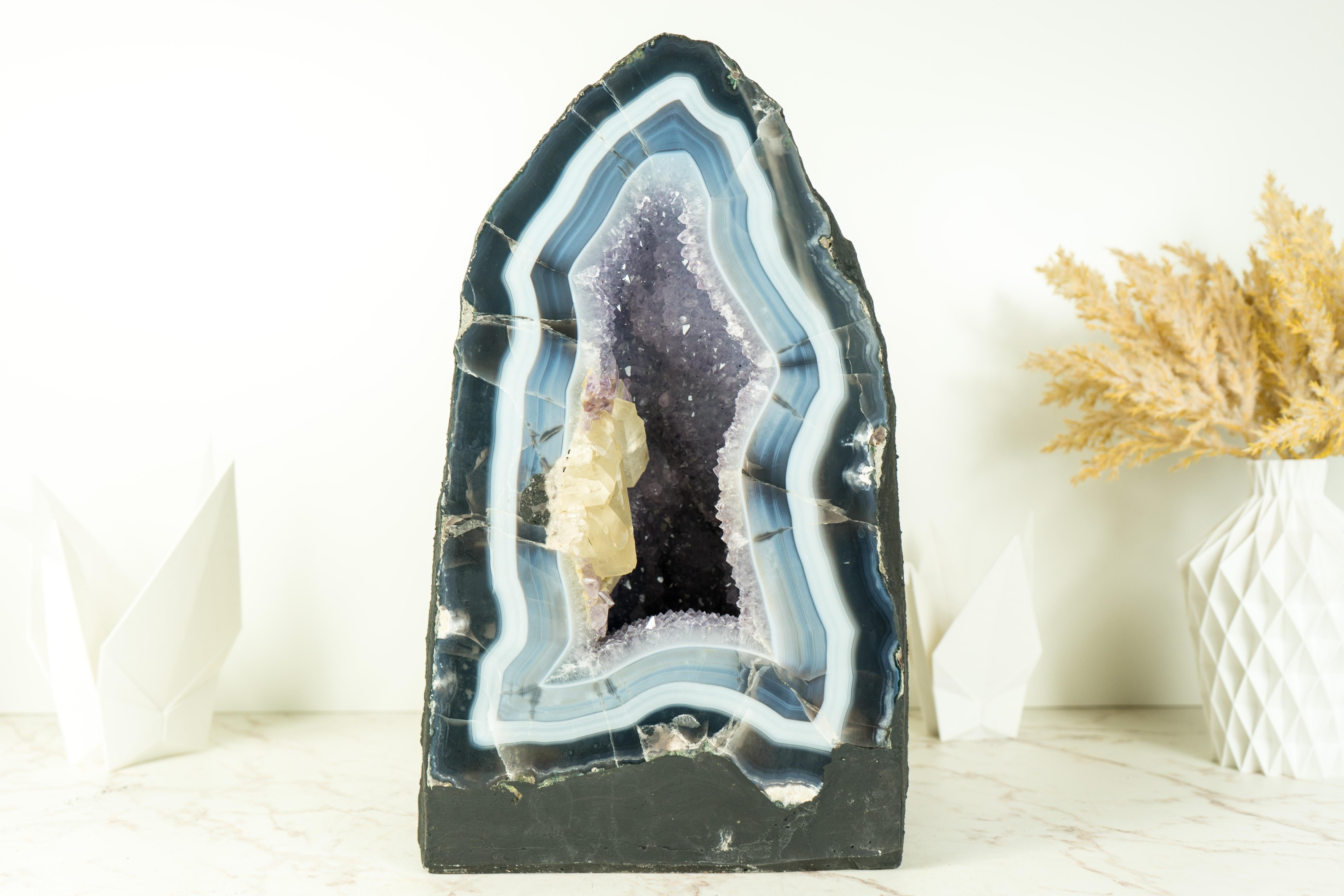 Brazilian Rare Blue Lace Agate Cathedral with Bold Blue and White Agate Laces and Calcite For Sale