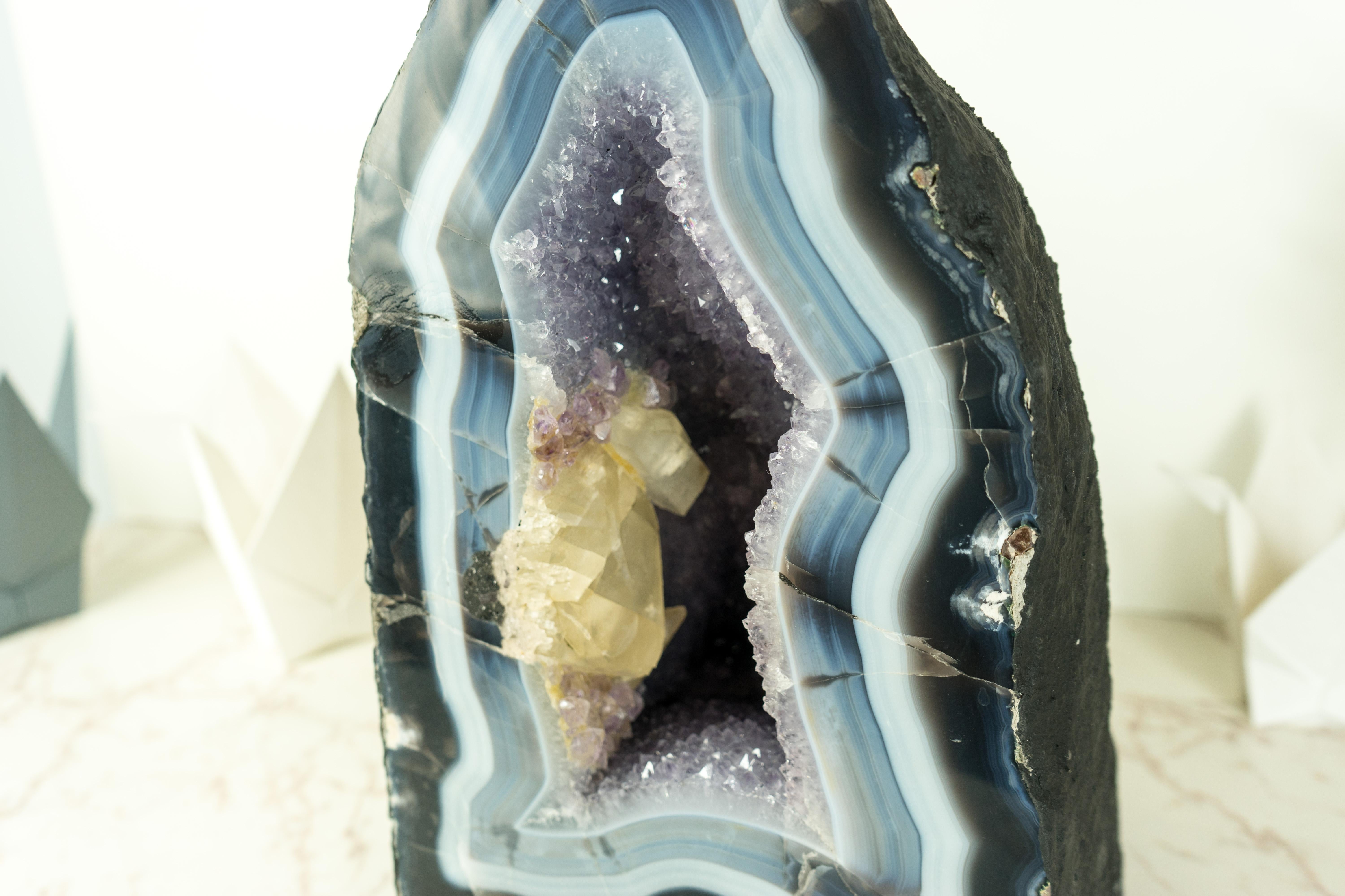 Rare Blue Lace Agate Cathedral with Bold Blue and White Agate Laces and Calcite For Sale 3
