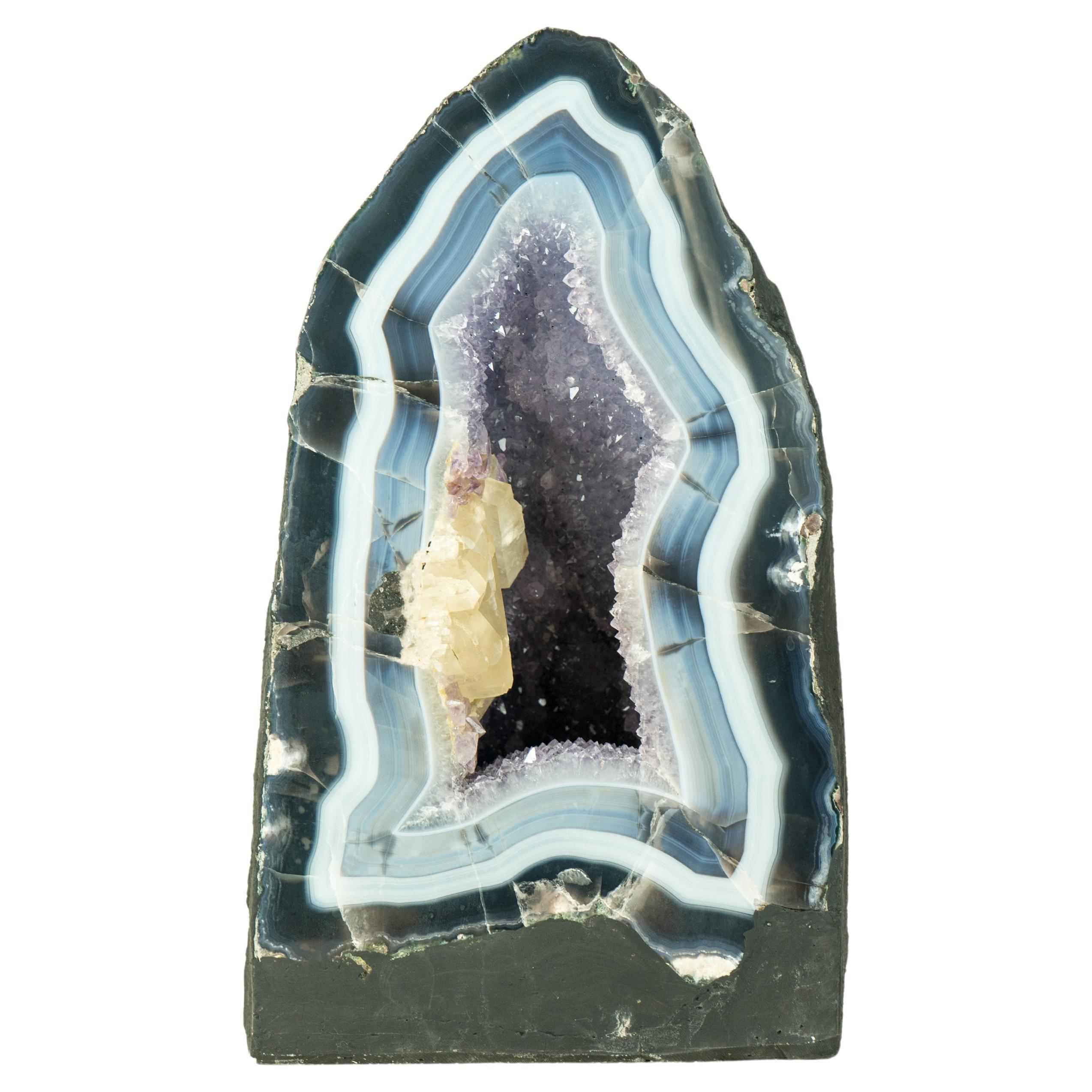 Rare Blue Lace Agate Cathedral with Bold Blue and White Agate Laces and Calcite For Sale