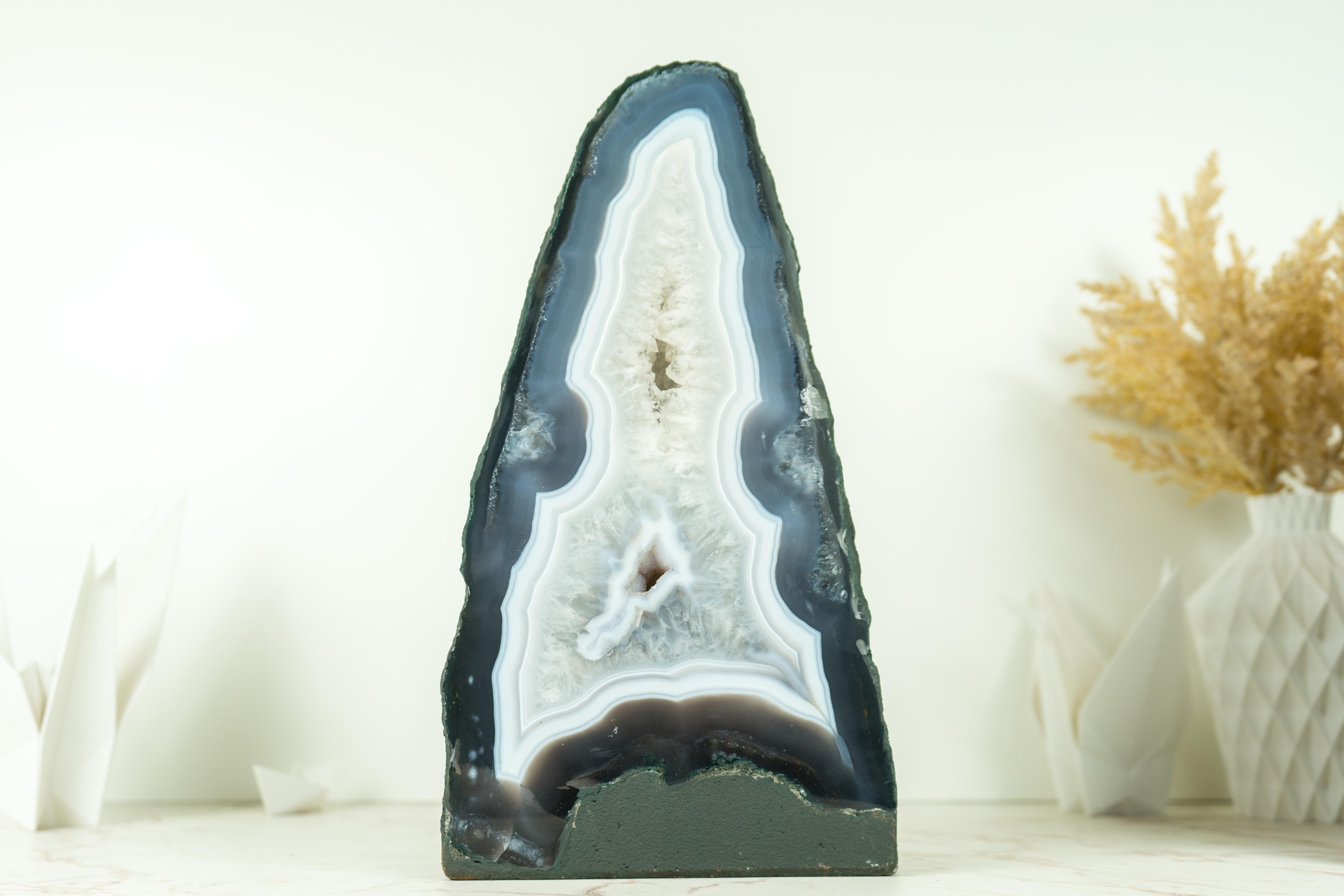Brazilian Rare Blue Lace Agate Geode with Crystal Druzy and World-Class Agate Laces For Sale