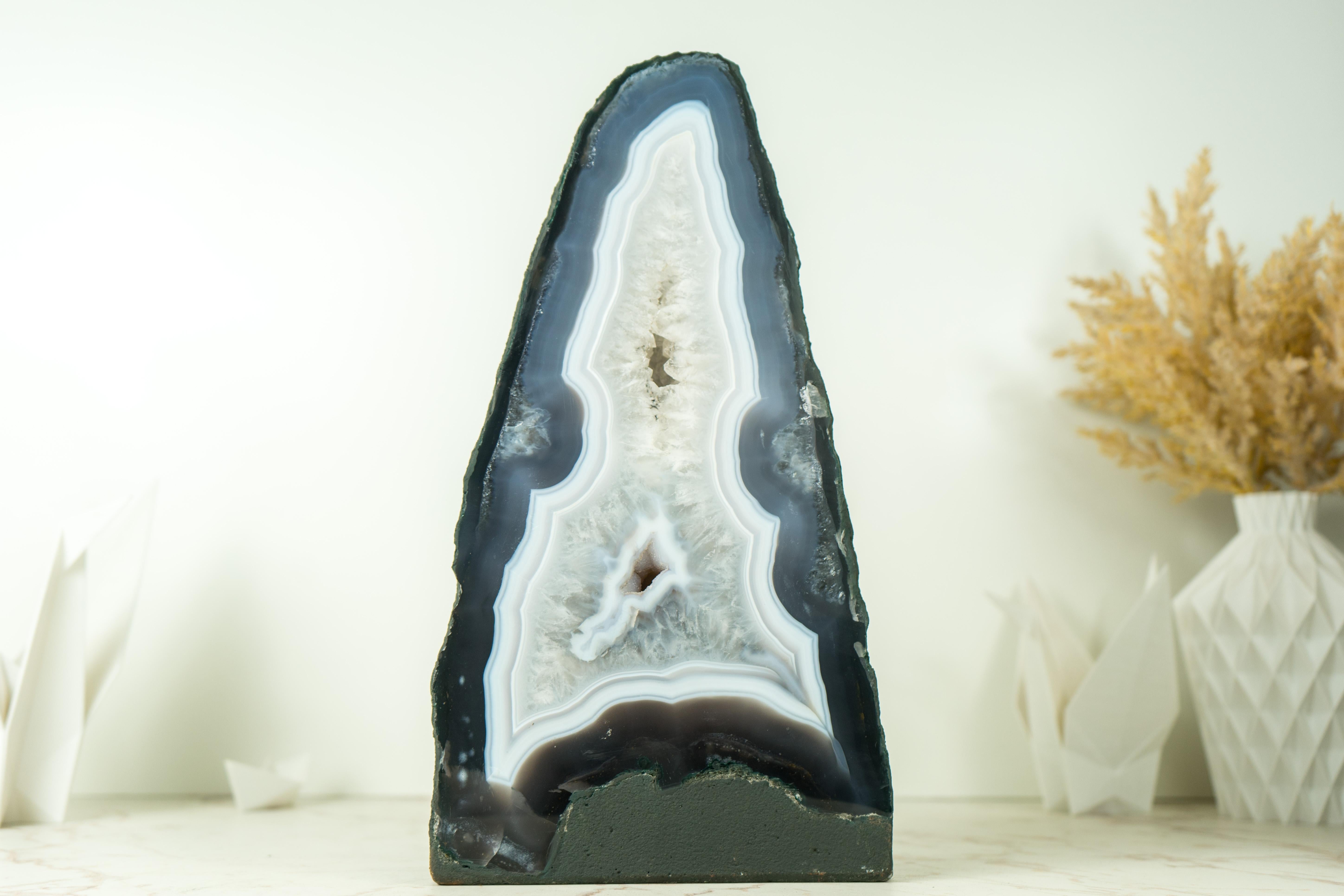 Rock Crystal Rare Blue Lace Agate Geode with Crystal Druzy and World-Class Agate Laces For Sale