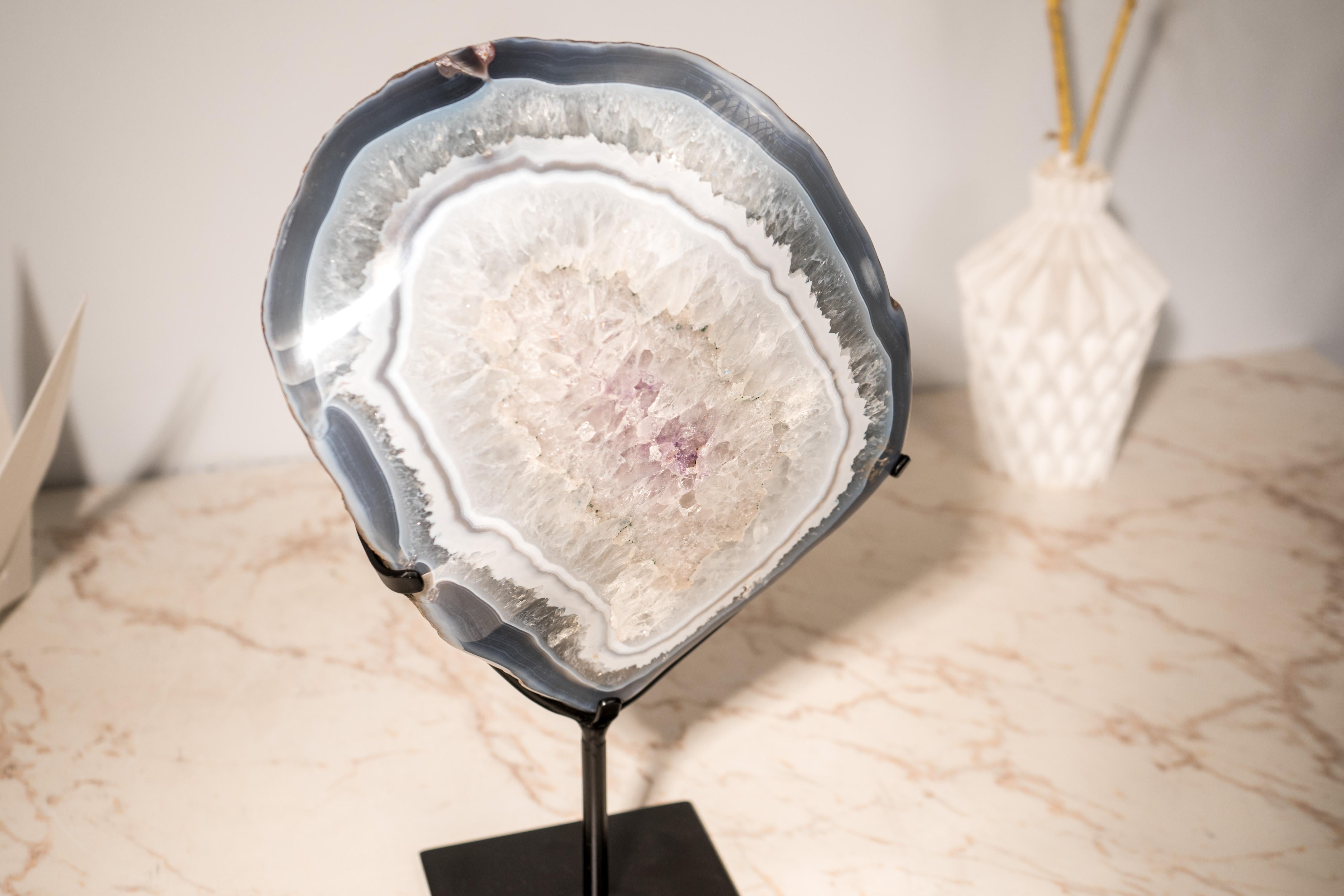 Brazilian Rare Blue Lace Agate with Clear Quartz Geode Slice For Sale