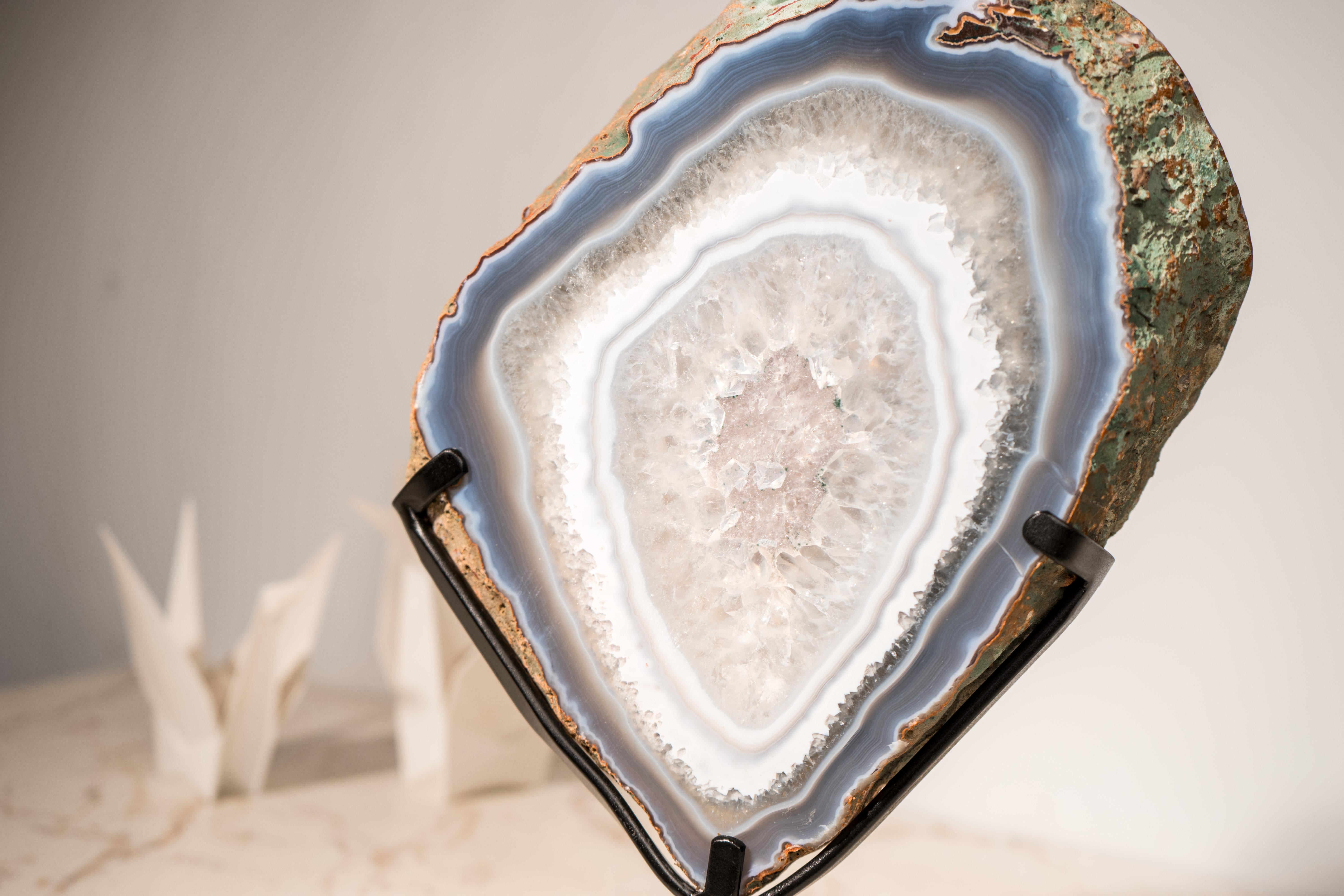 Contemporary Rare Blue Lace Agate with Clear Quartz Geode Slice For Sale
