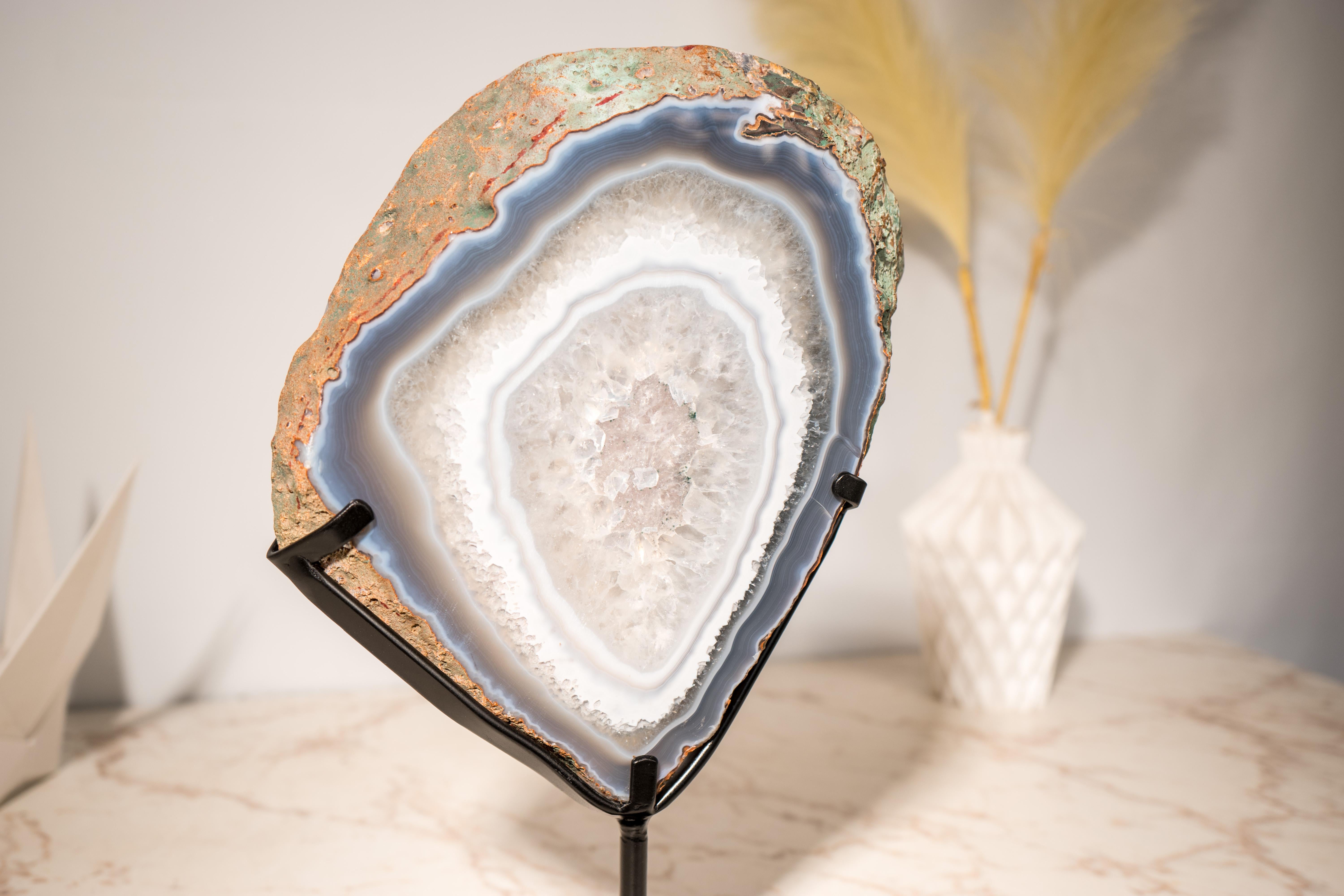Rare Blue Lace Agate with Clear Quartz Geode Slice For Sale 1