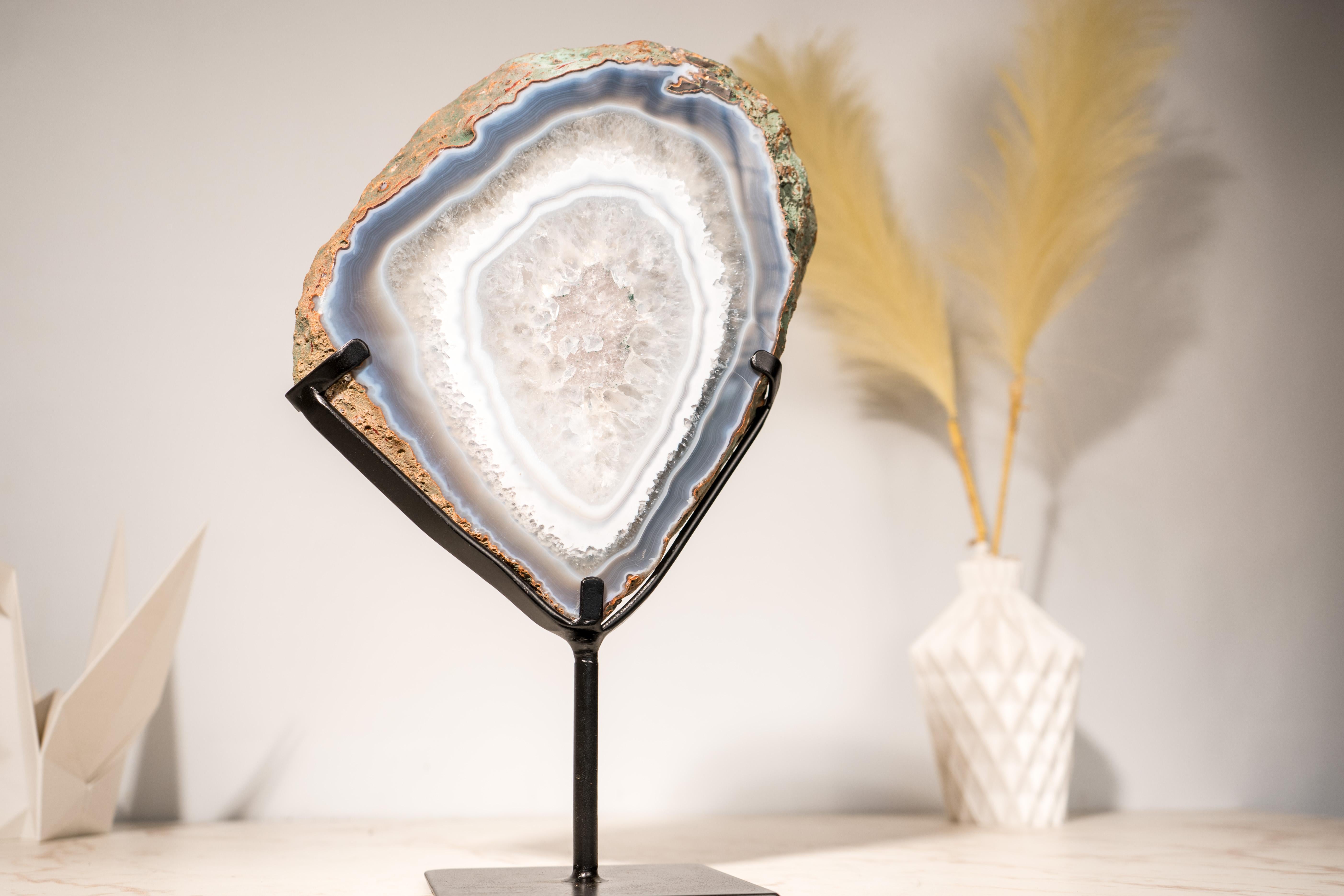 Rare Blue Lace Agate with Clear Quartz Geode Slice For Sale 2
