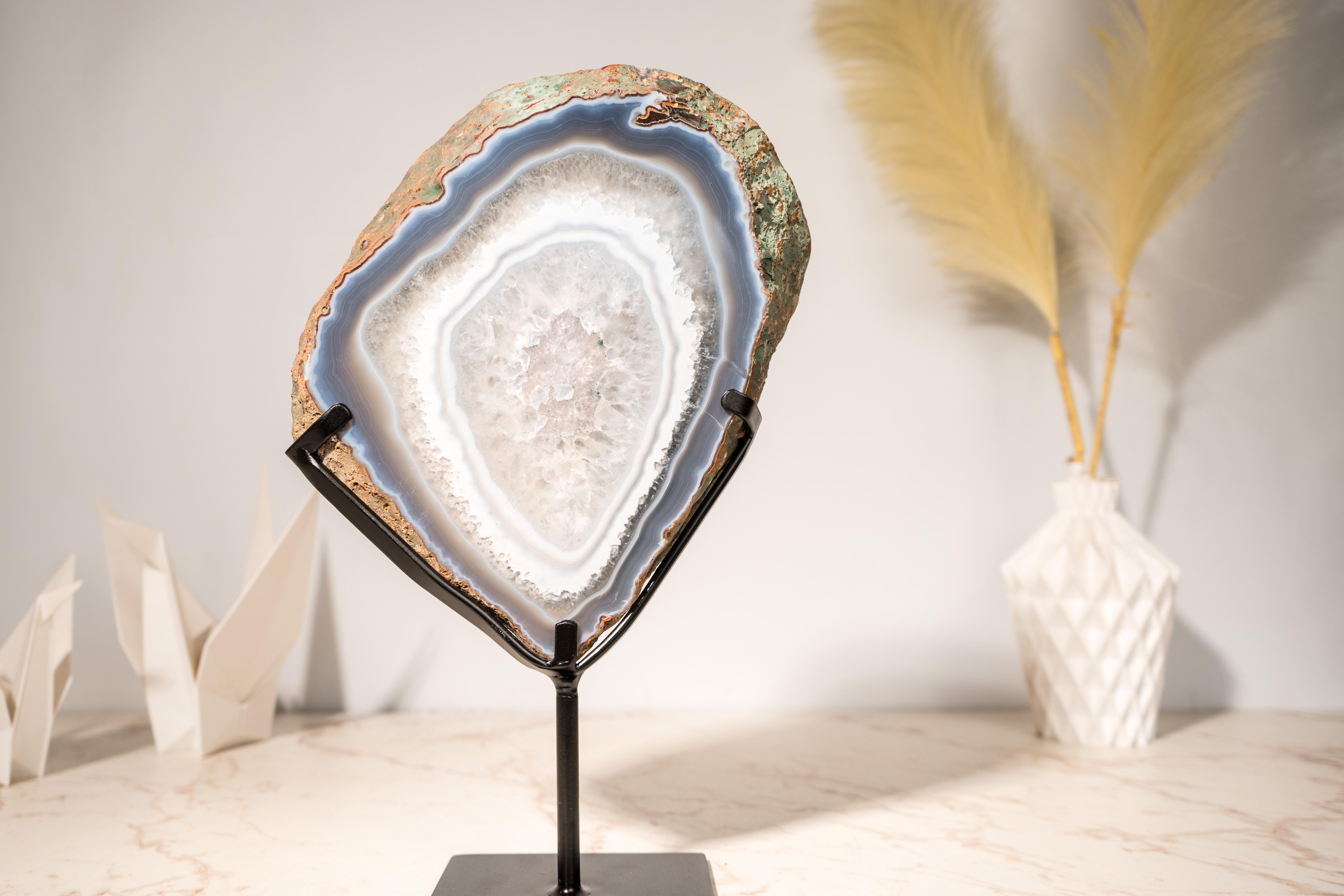 Rare Blue Lace Agate with Clear Quartz Geode Slice For Sale 3