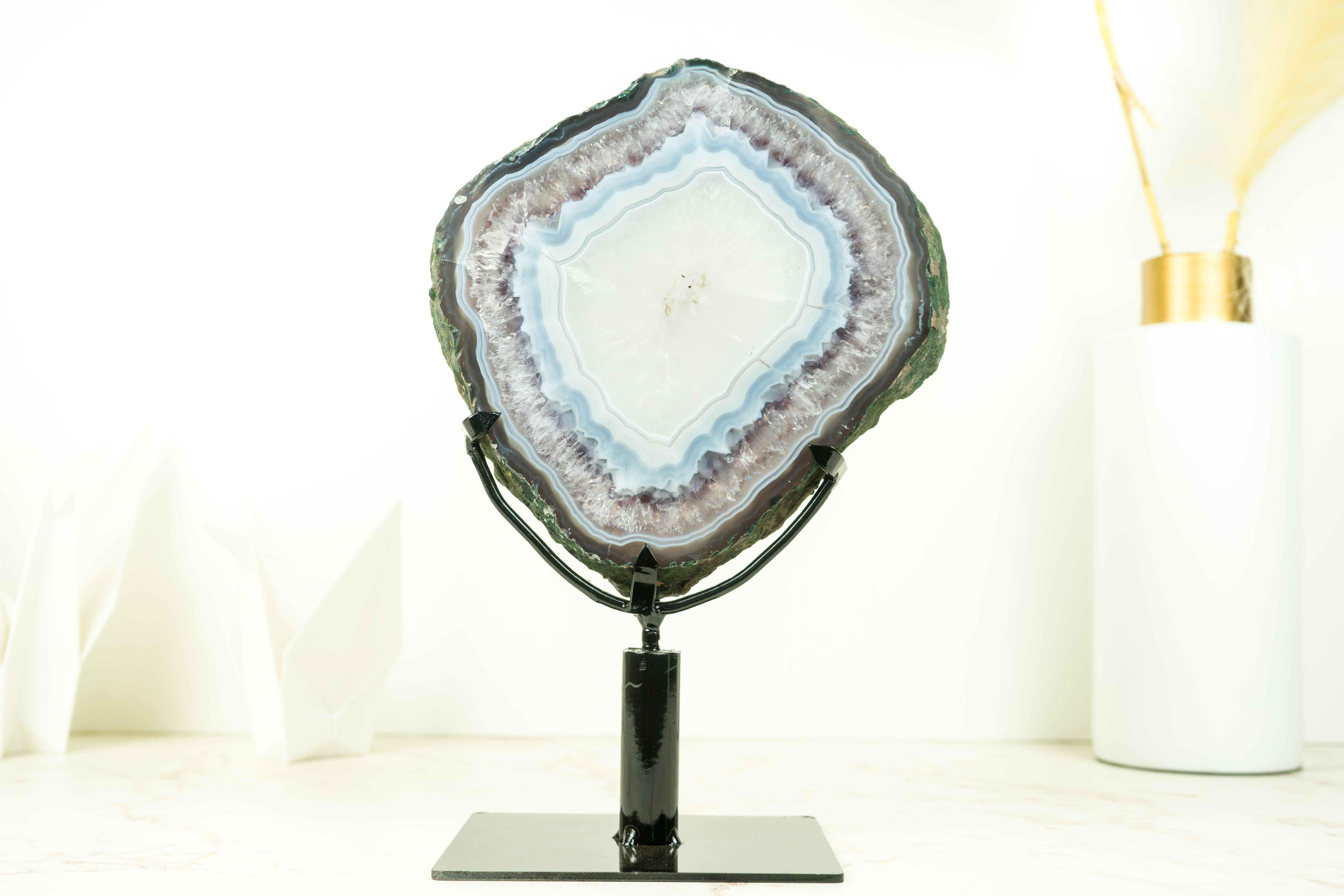 Rare Blue Lace Agate with Clear Quartz Geode Slice, Natural Geological Art For Sale 4