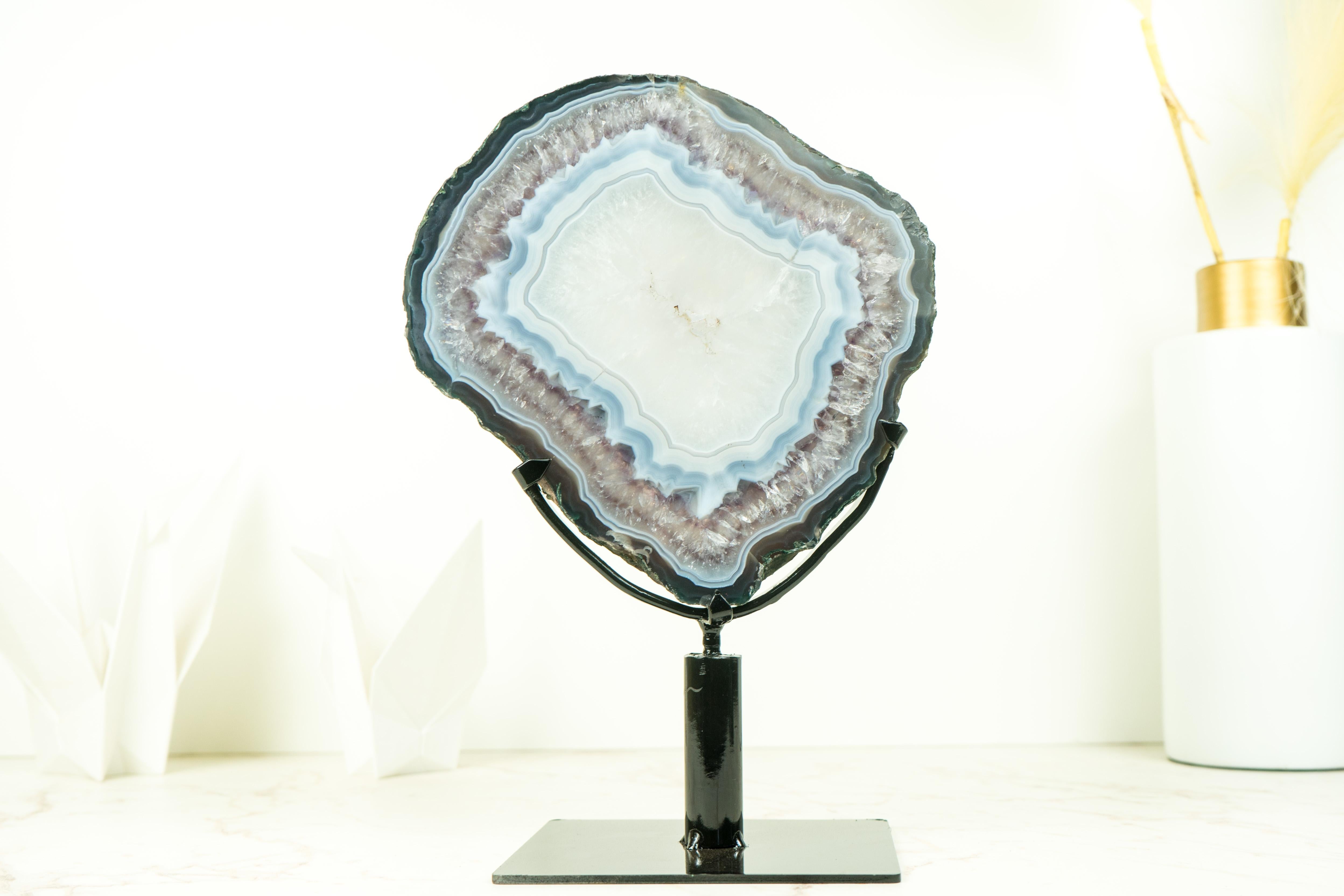 Rare Blue Lace Agate with Clear Quartz Geode Slice, Natural Geological Art For Sale 5
