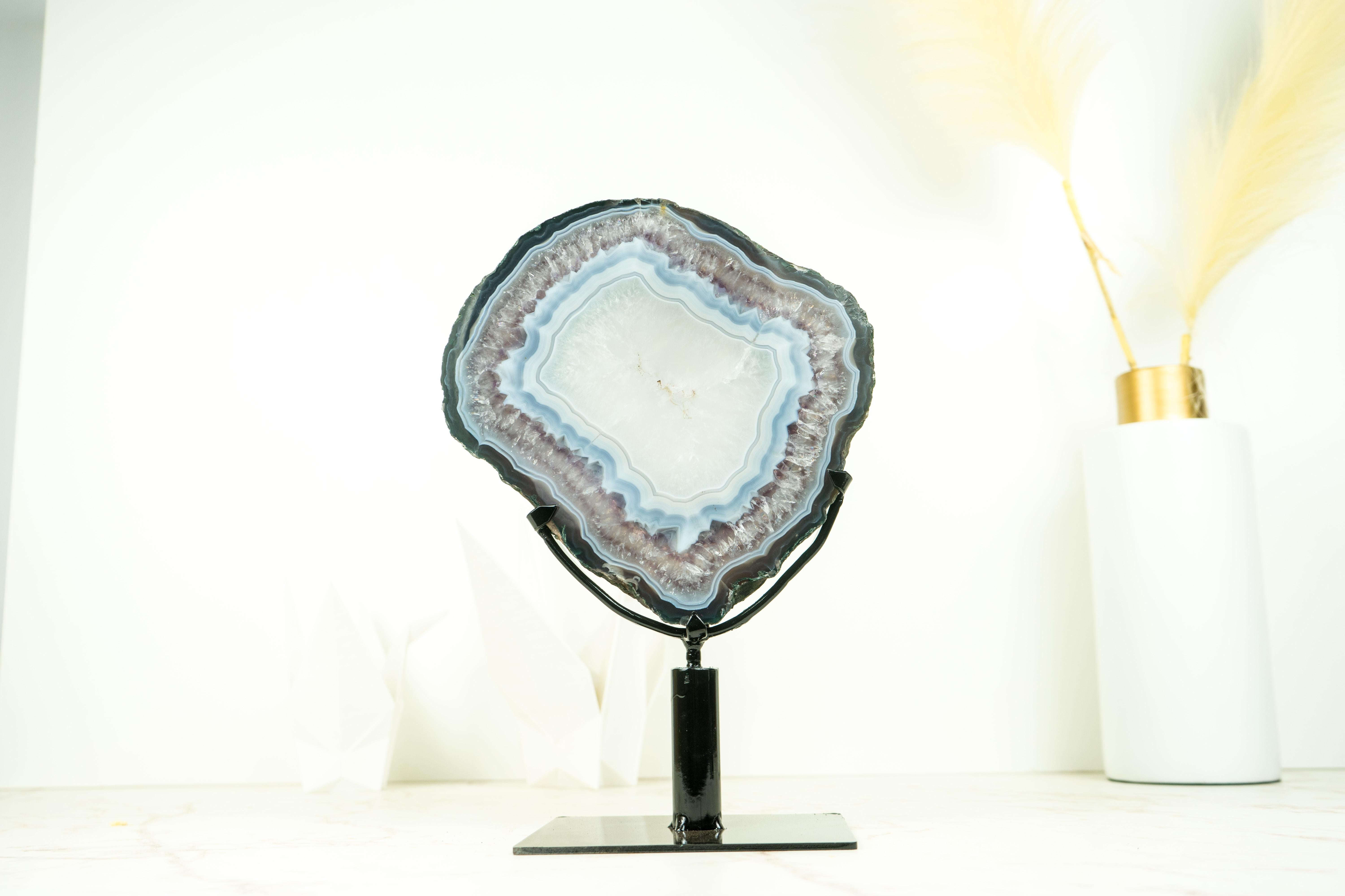 Rare Blue Lace Agate with Clear Quartz Geode Slice, Natural Geological Art For Sale 6