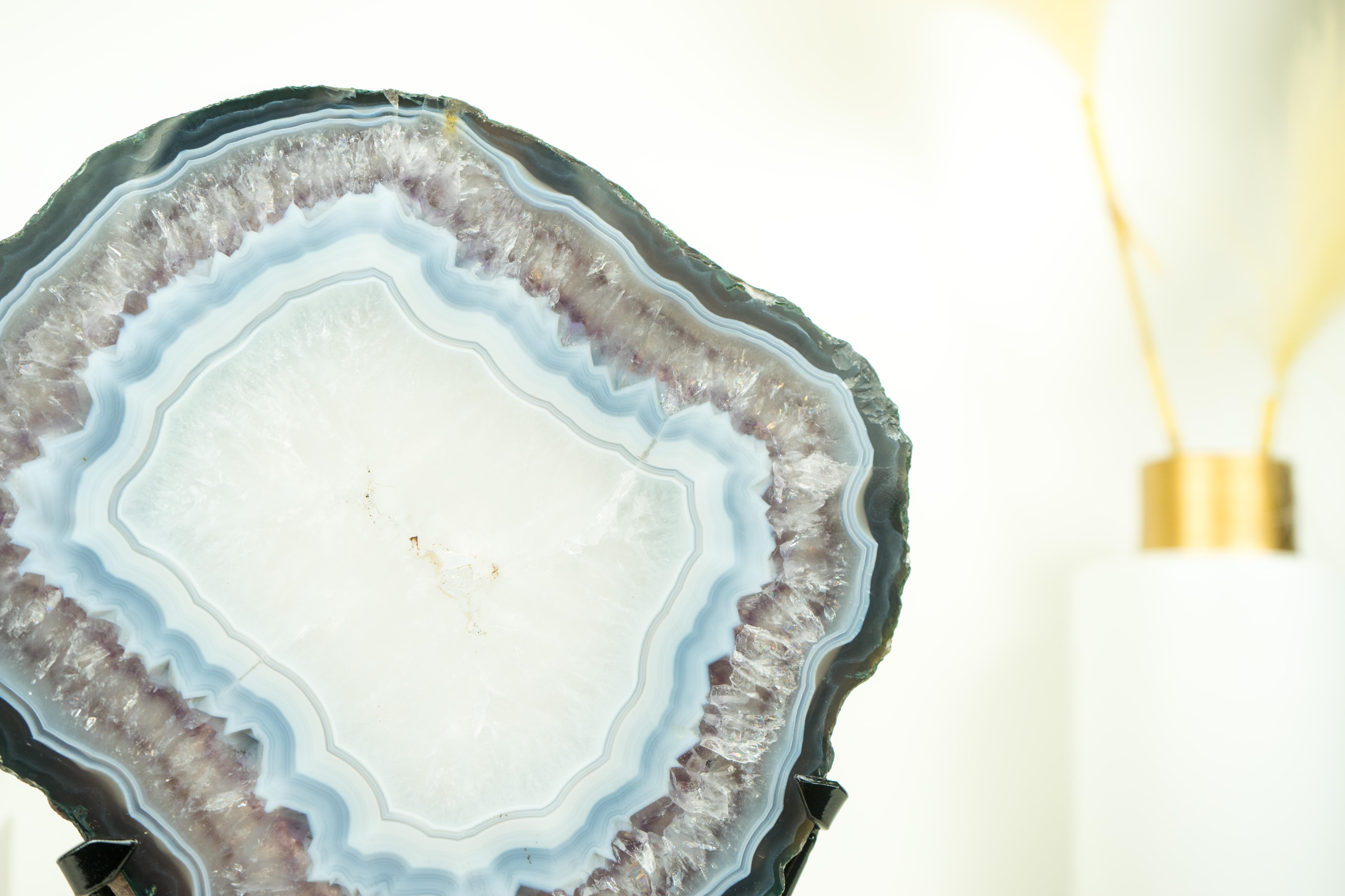 Brazilian Rare Blue Lace Agate with Clear Quartz Geode Slice, Natural Geological Art For Sale