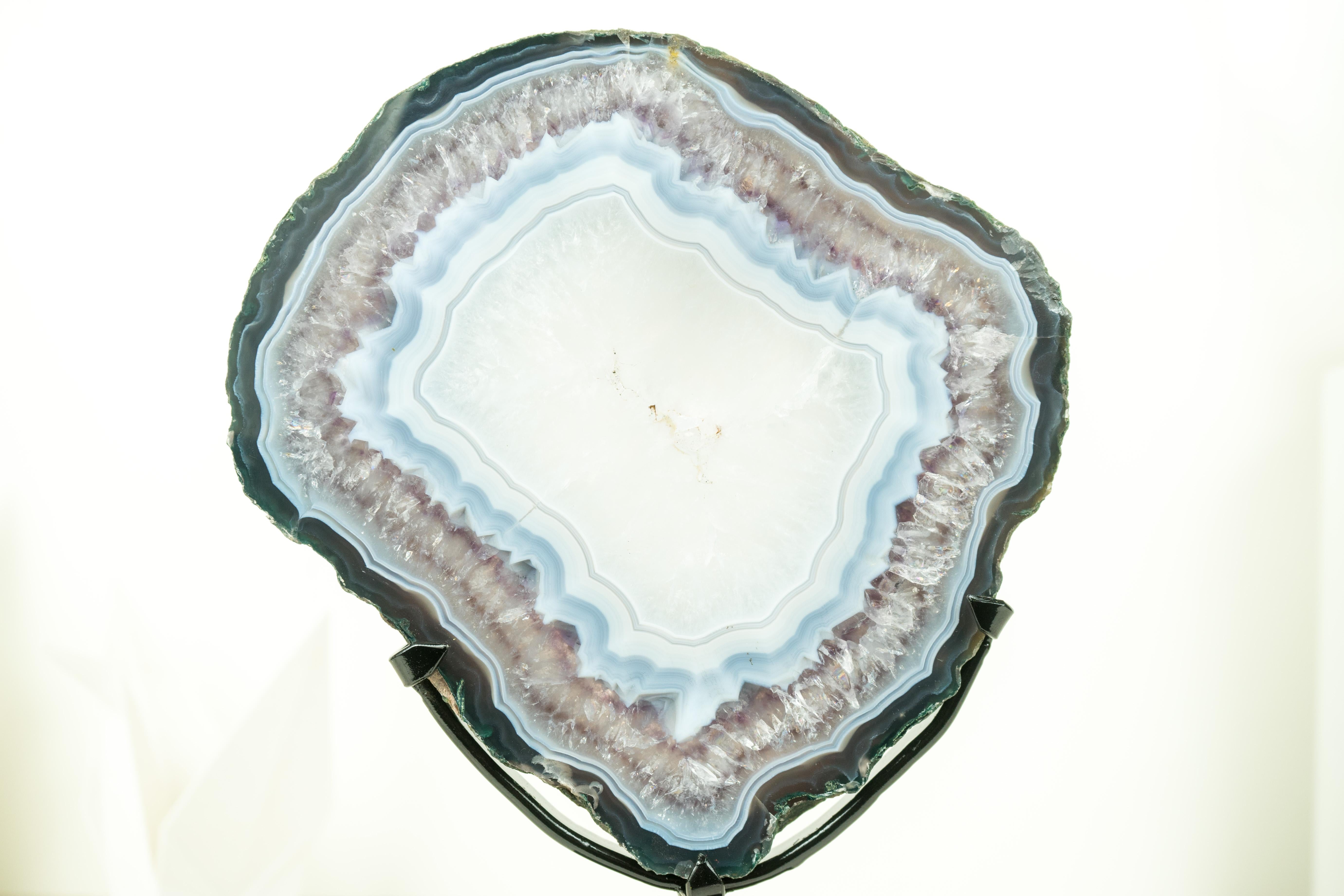 Contemporary Rare Blue Lace Agate with Clear Quartz Geode Slice, Natural Geological Art For Sale
