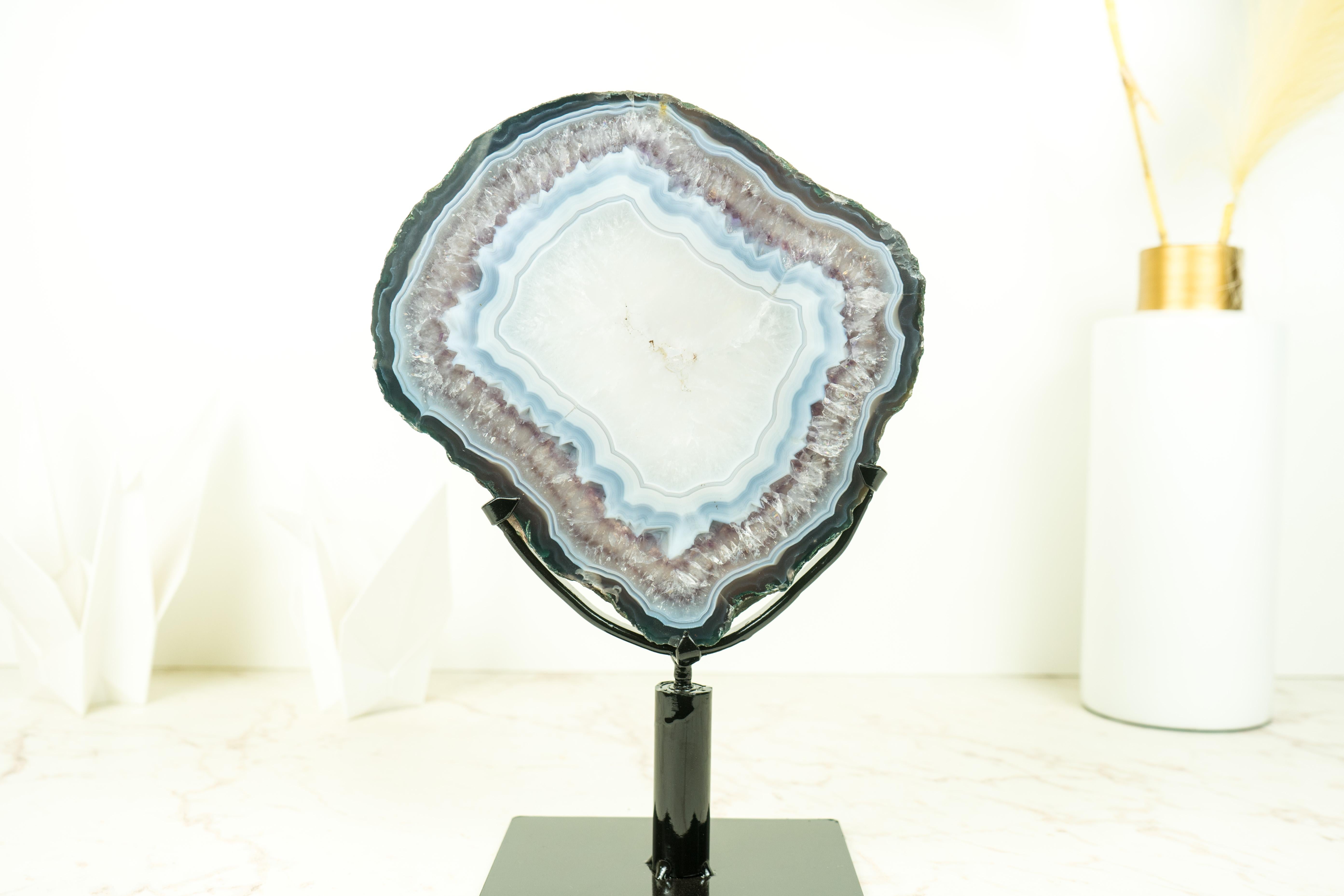 Crystal Rare Blue Lace Agate with Clear Quartz Geode Slice, Natural Geological Art For Sale