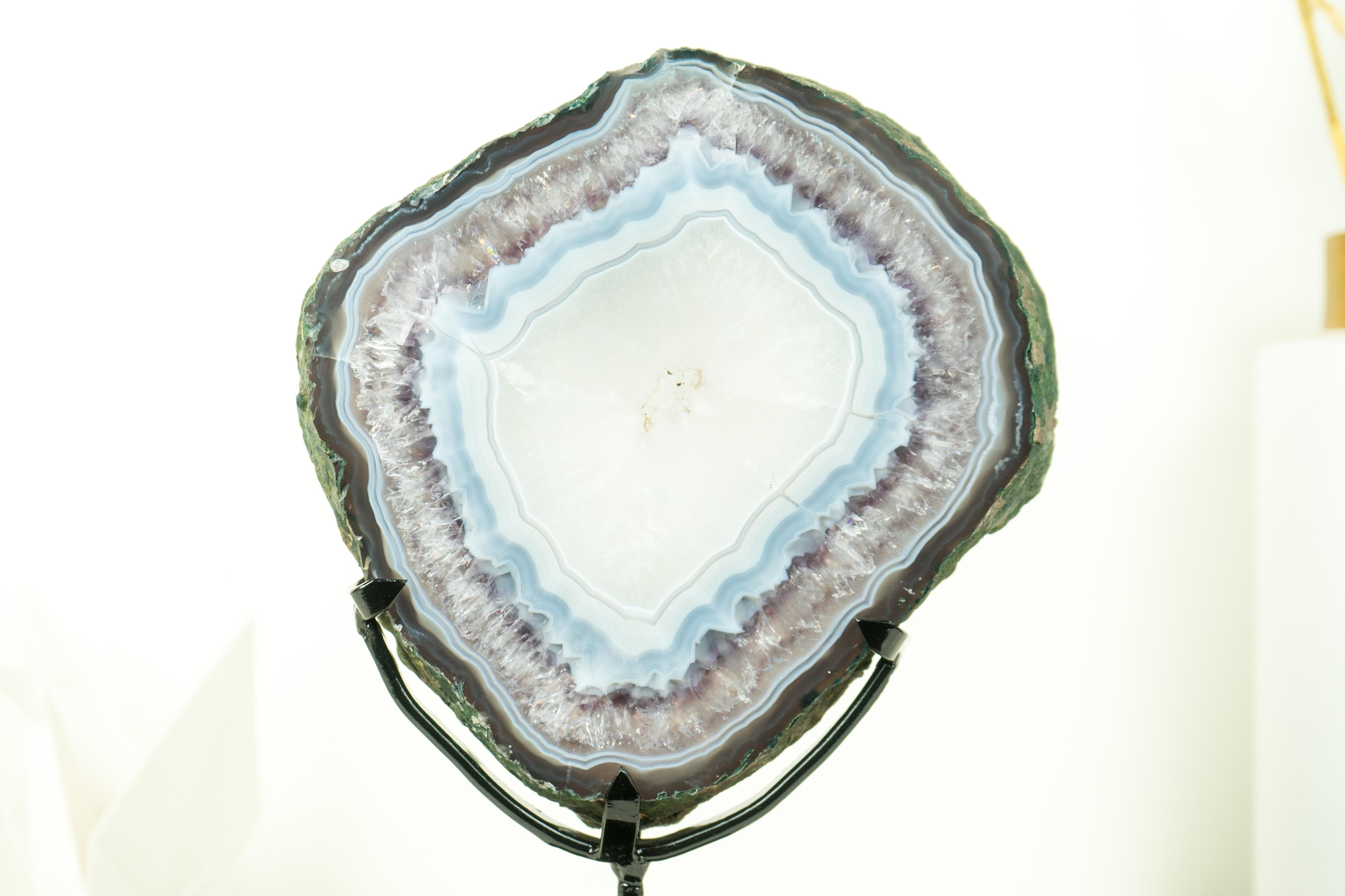 Rare Blue Lace Agate with Clear Quartz Geode Slice, Natural Geological Art For Sale 1