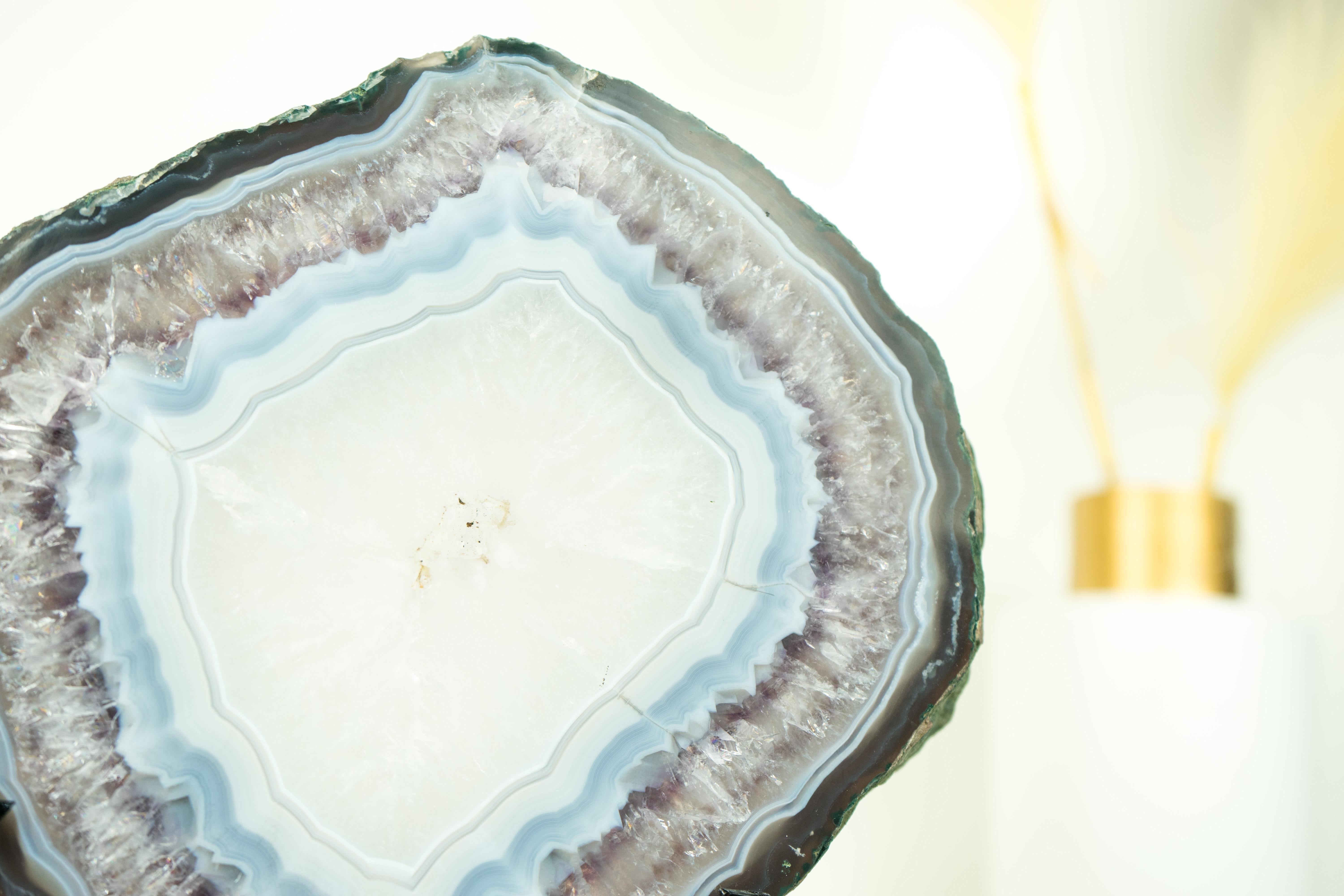 Rare Blue Lace Agate with Clear Quartz Geode Slice, Natural Geological Art For Sale 2