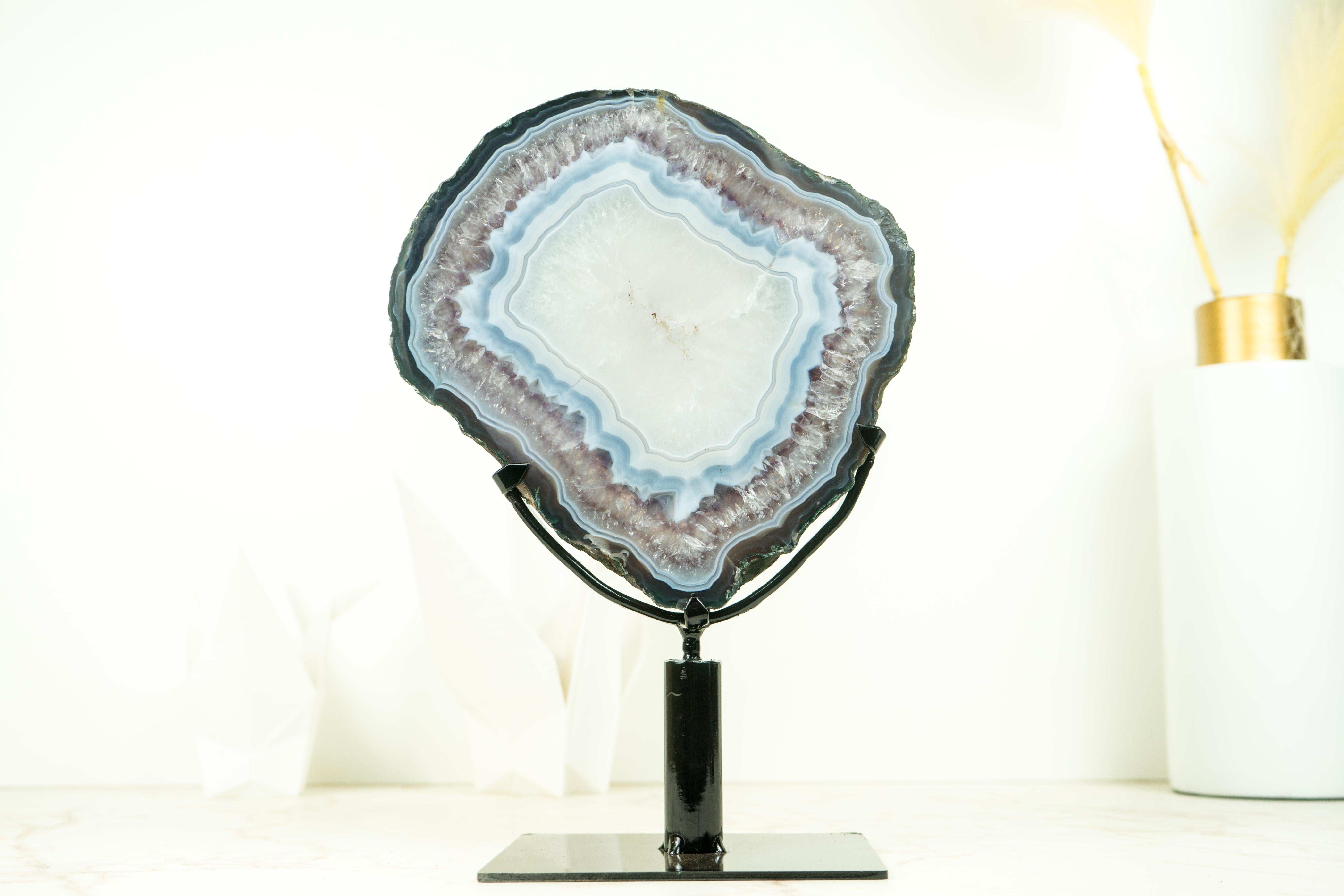 Rare Blue Lace Agate with Clear Quartz Geode Slice, Natural Geological Art For Sale 3