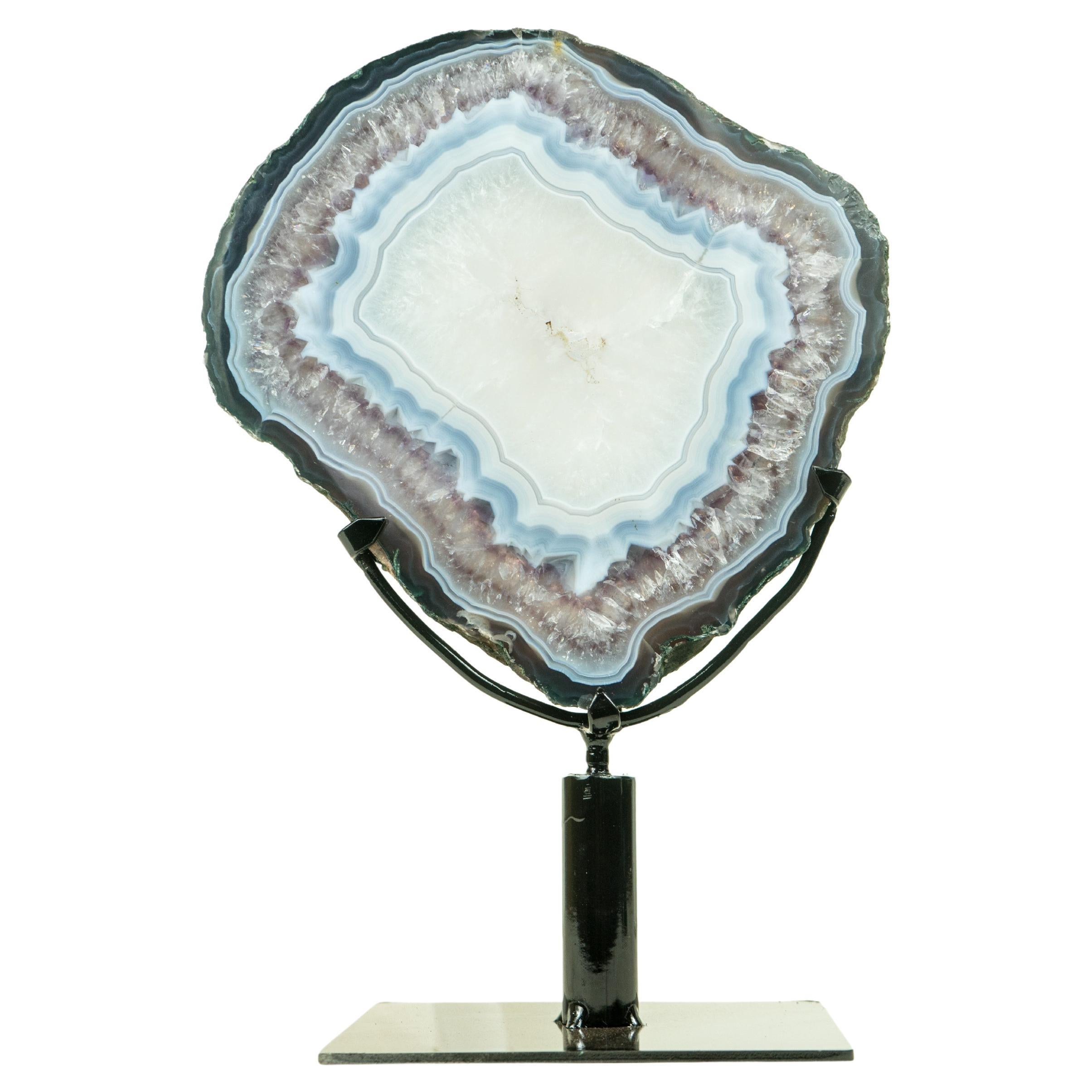 Rare tranche de géode en dentelle bleue et quartz transparent, art géologique naturel
