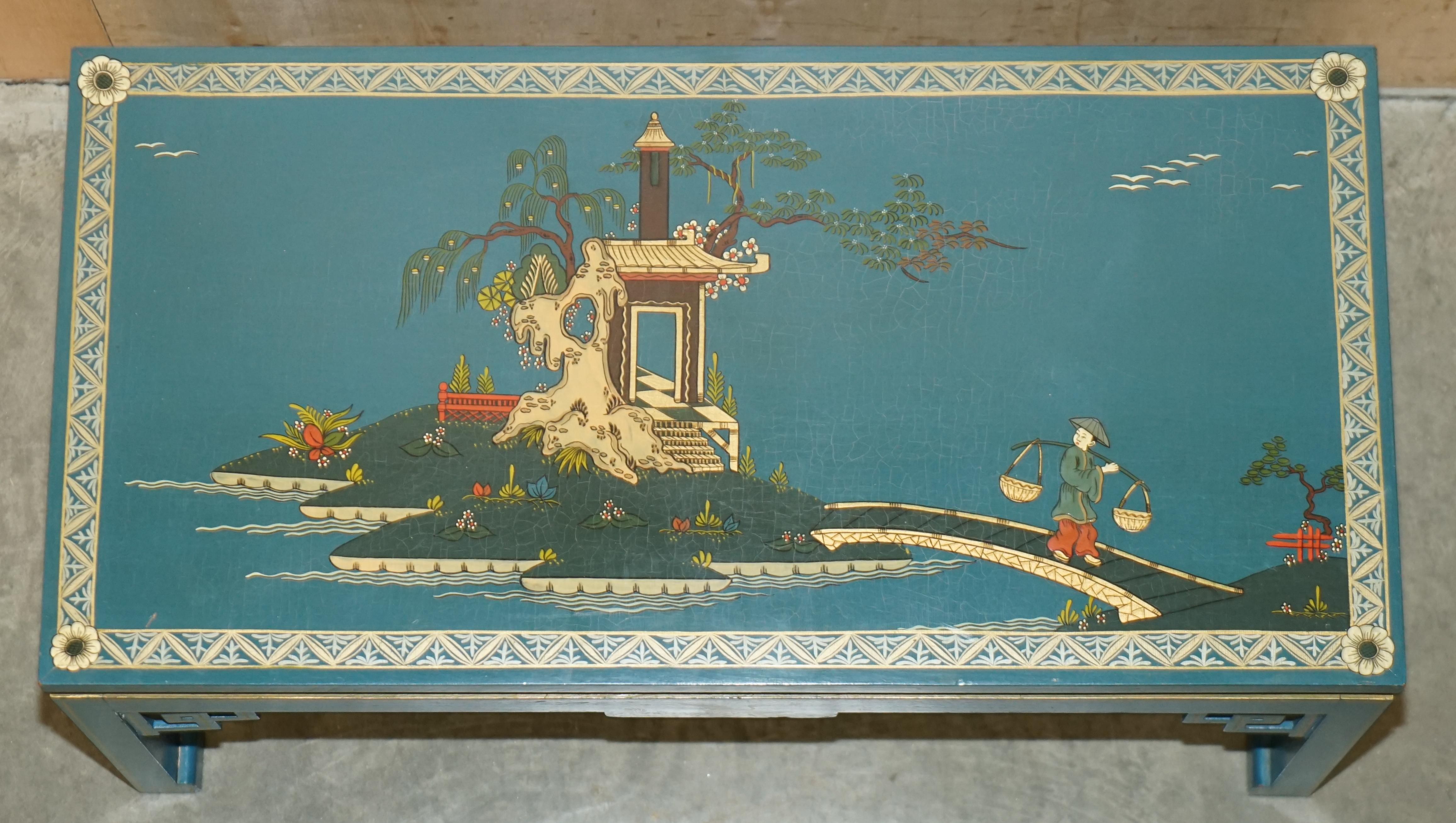 RARE BLUE PAINTED & LACQUERED CHiNESE CHINOISERIE ORIENTAL COFFEE COCKTAIL TABLE 3