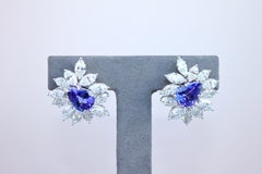 Rare Blue Tanzanite Fancy Pear Shape Marquise Diamonds 18K White Gold Earrings
