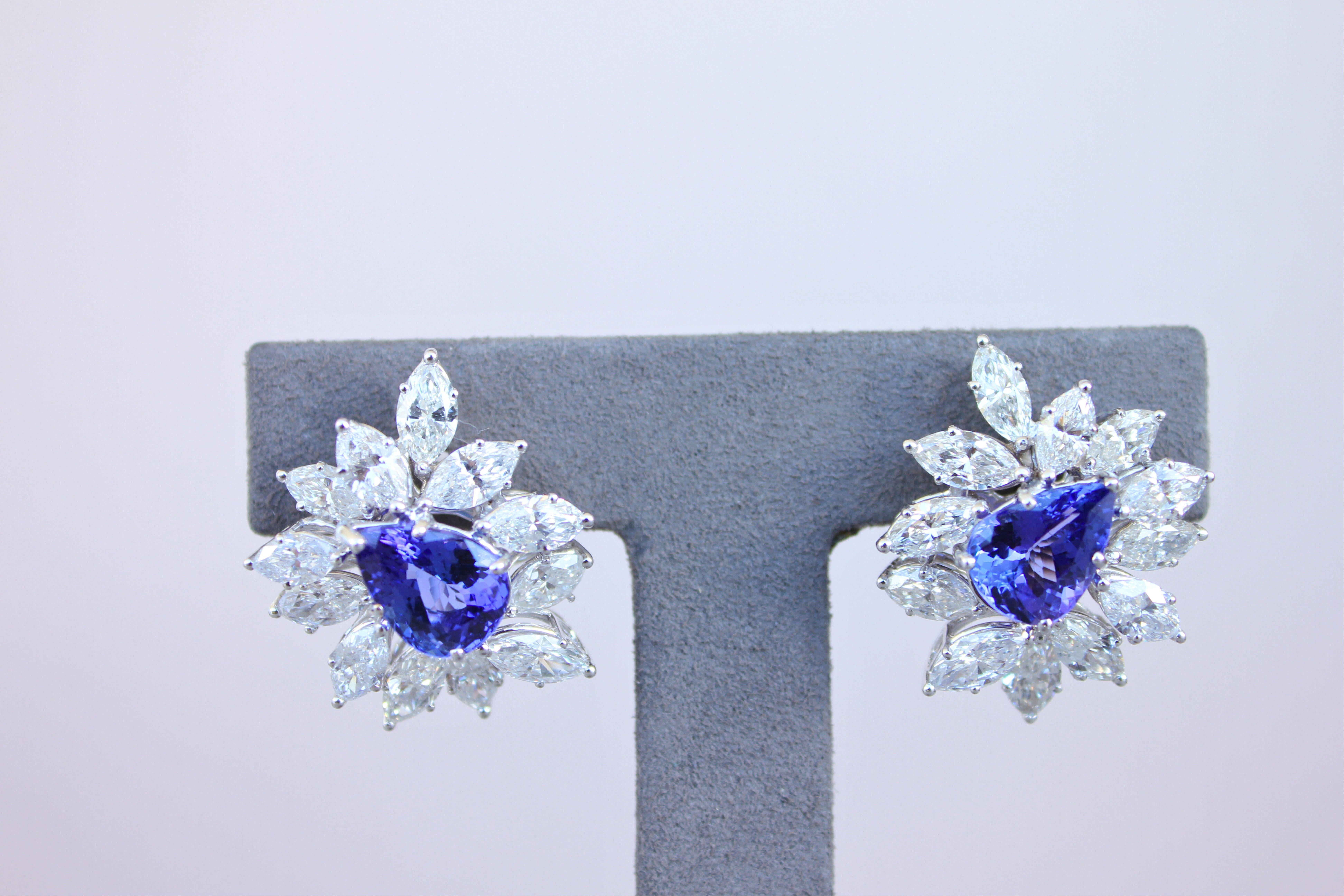 Modern Rare Blue Tanzanite Fancy Pear Shape Marquise Diamonds 18K White Gold Earrings For Sale