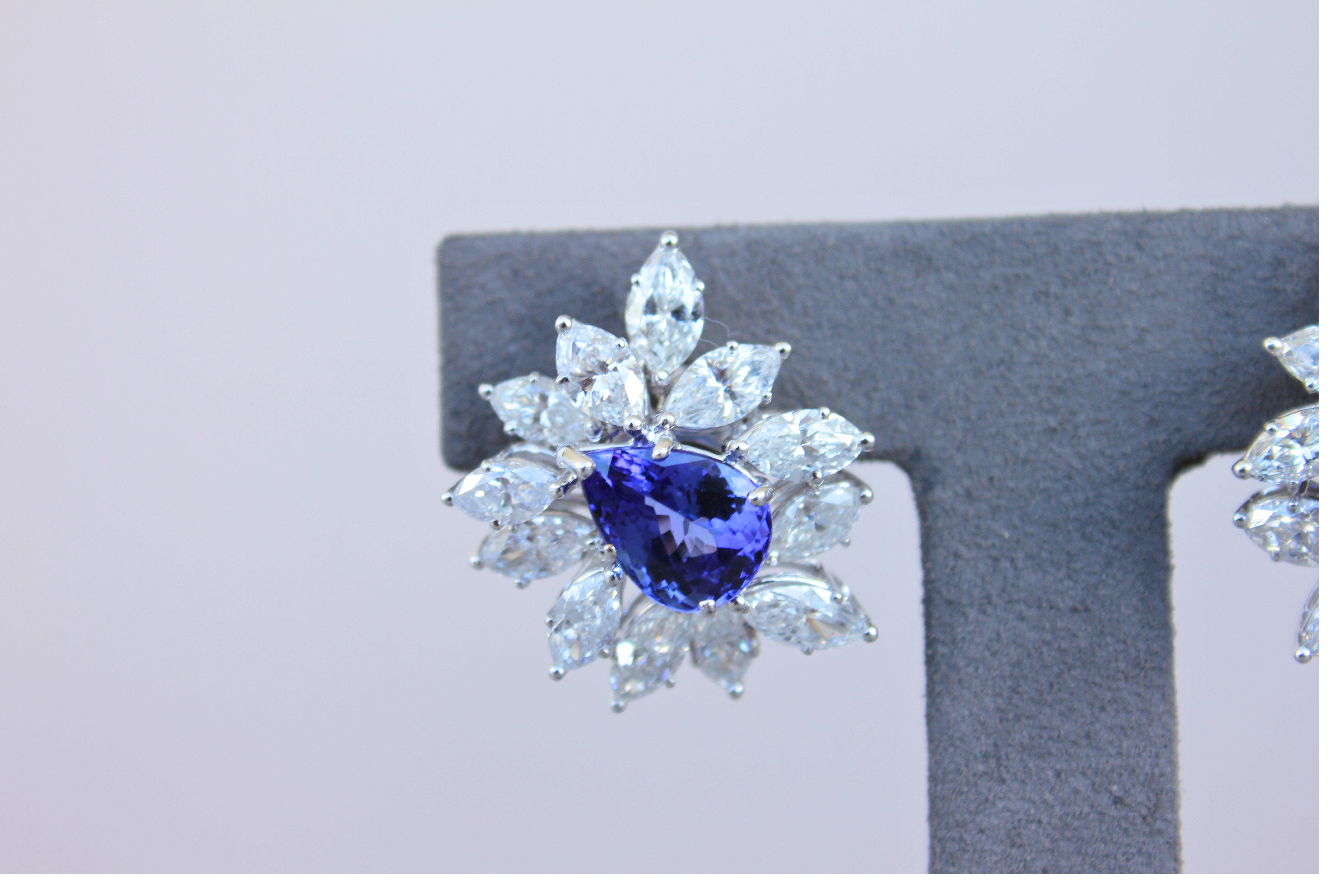 Mixed Cut Rare Blue Tanzanite Fancy Pear Shape Marquise Diamonds 18K White Gold Earrings For Sale