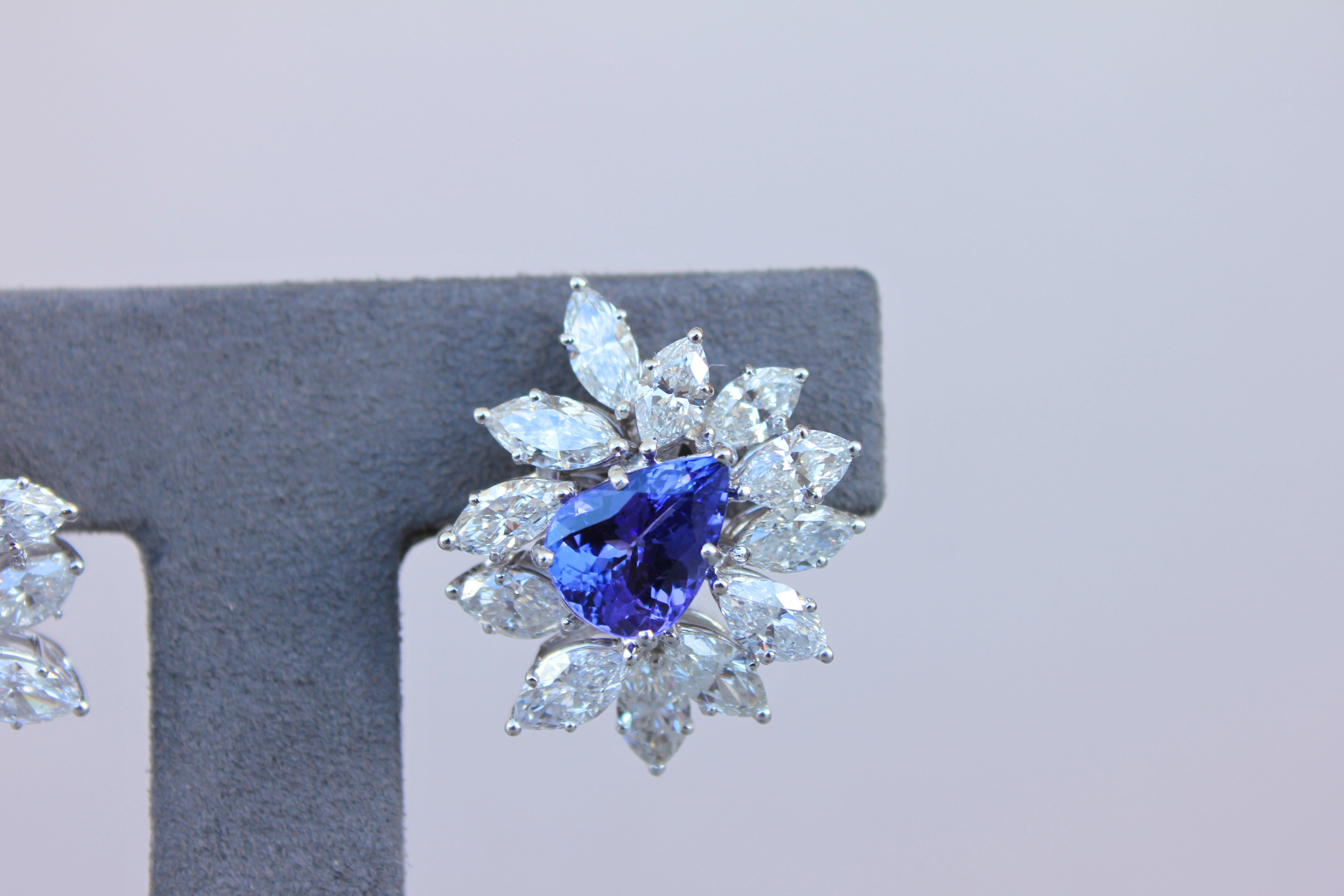 Rare Blue Tanzanite Fancy Pear Shape Marquise Diamonds 18K White Gold Earrings In New Condition For Sale In Fairfax, VA
