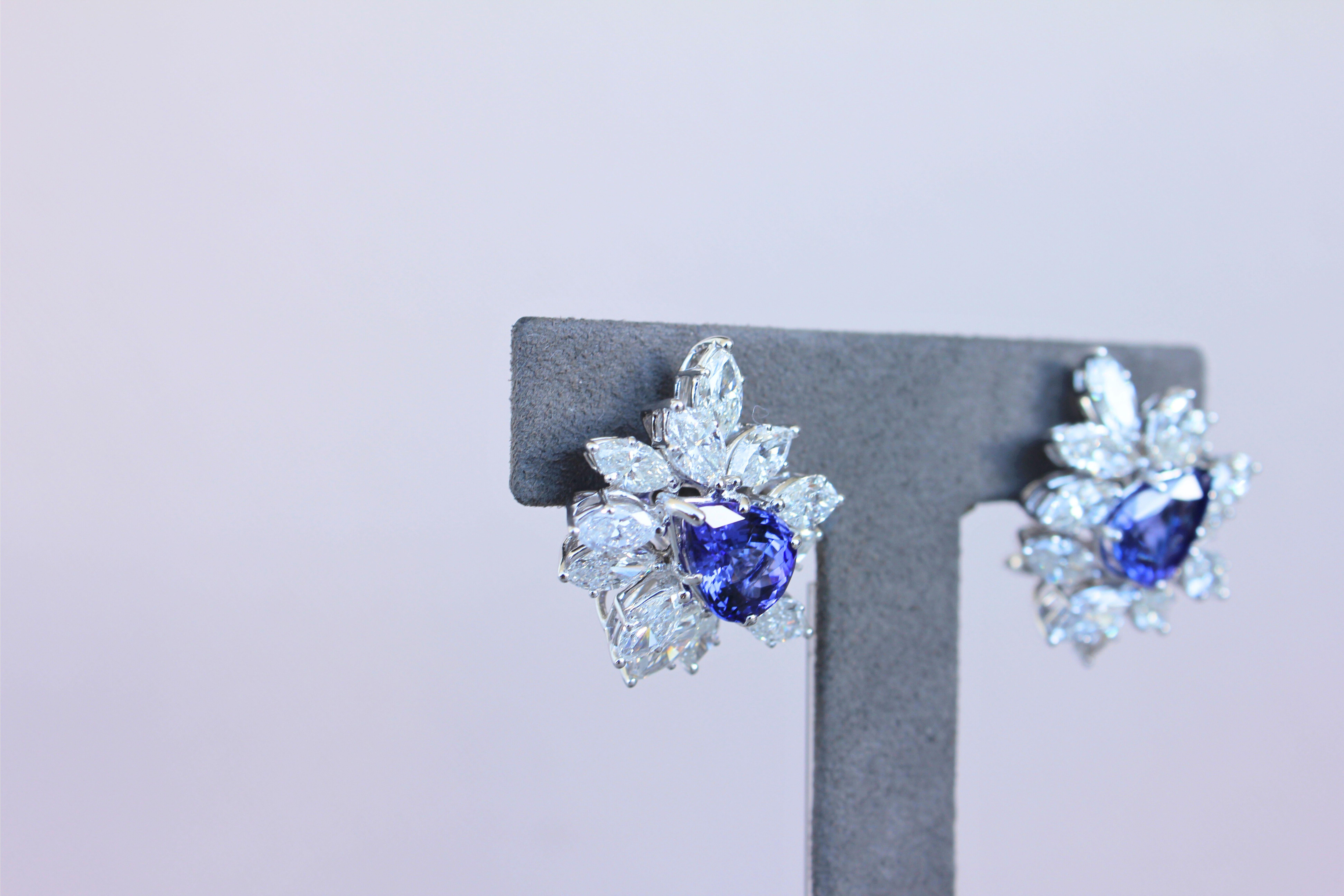 Women's Rare Blue Tanzanite Fancy Pear Shape Marquise Diamonds 18K White Gold Earrings For Sale