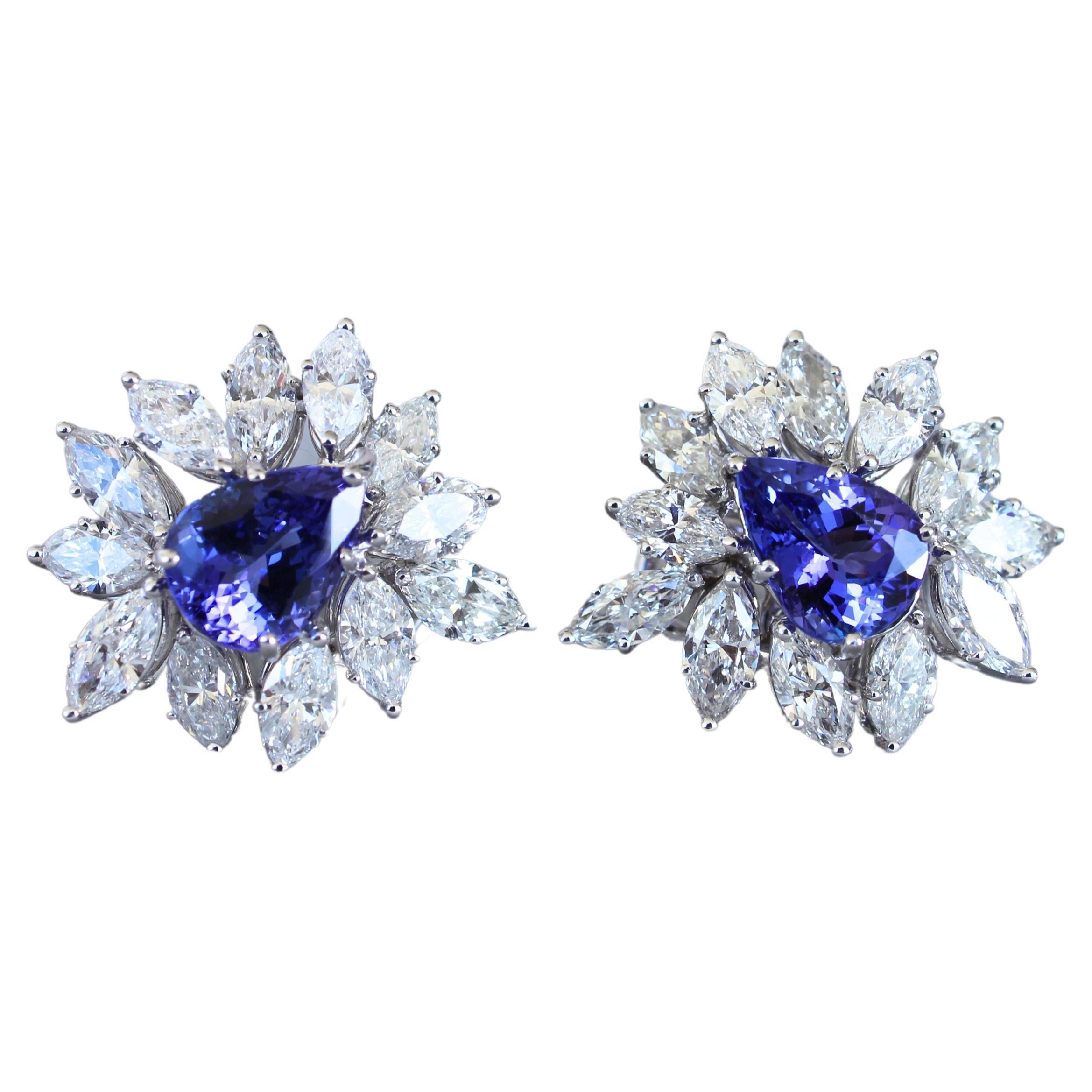 Rare Blue Tanzanite Fancy Pear Shape Marquise Diamonds 18K White Gold Earrings For Sale