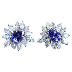 Rare Blue Tanzanite Fancy Pear Shape Marquise Diamonds 18K White Gold Earrings