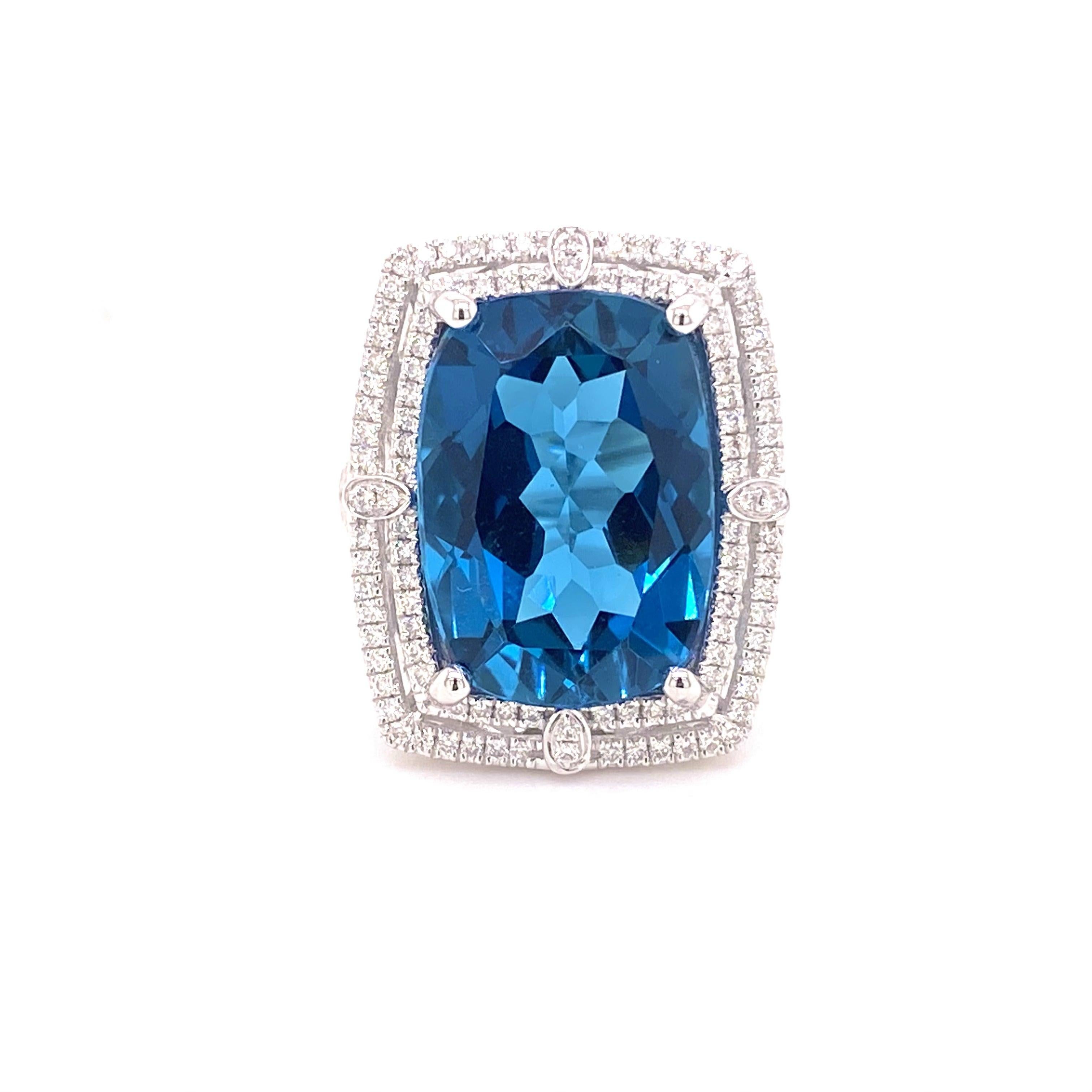Rare Blue Topaz Ring, 16.11 Carat London Blue Topaz, .66 Carat Diamond, Cushion 3