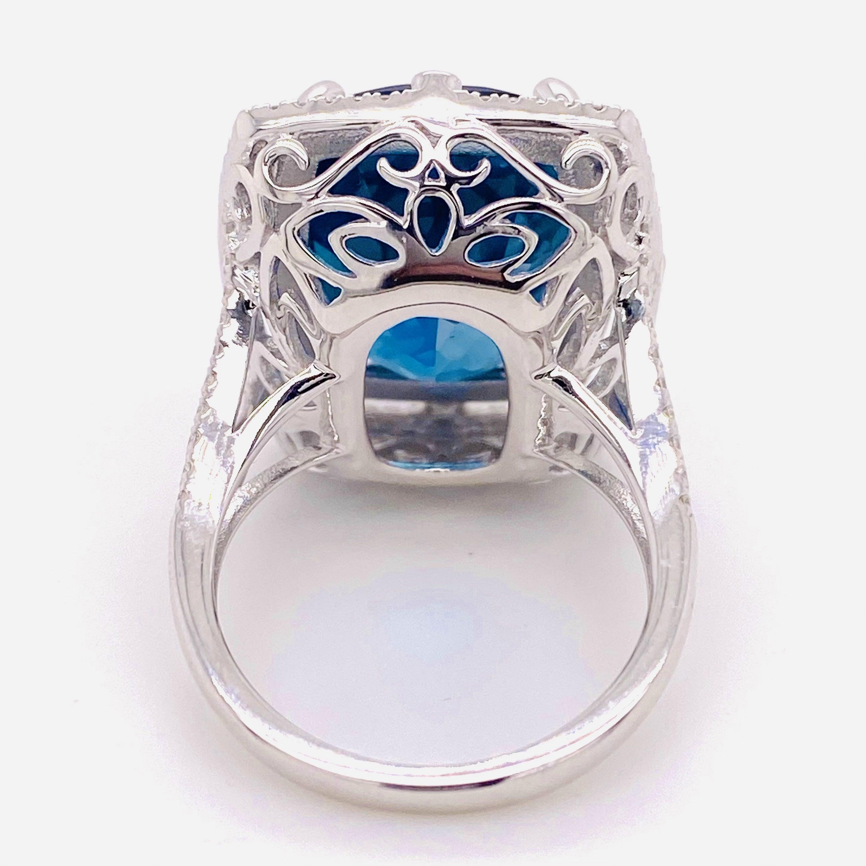 Rare Blue Topaz Ring, 16.11 Carat London Blue Topaz, .66 Carat Diamond, Cushion 5