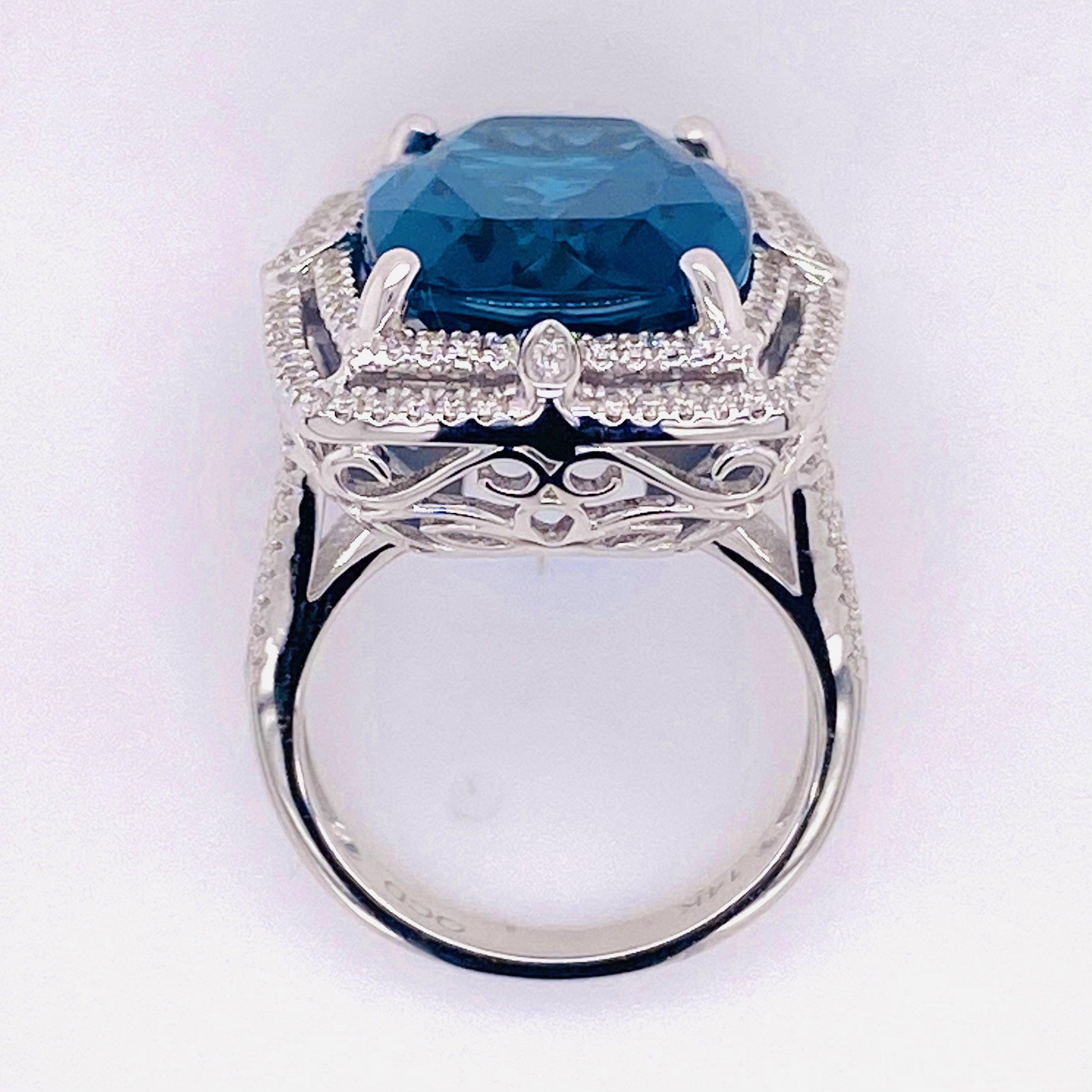 Rare Blue Topaz Ring, 16.11 Carat London Blue Topaz, .66 Carat Diamond, Cushion 6