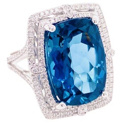Rare Blue Topaz Ring, 16.11 Carat London Blue Topaz, .66 Carat Diamond, Cushion