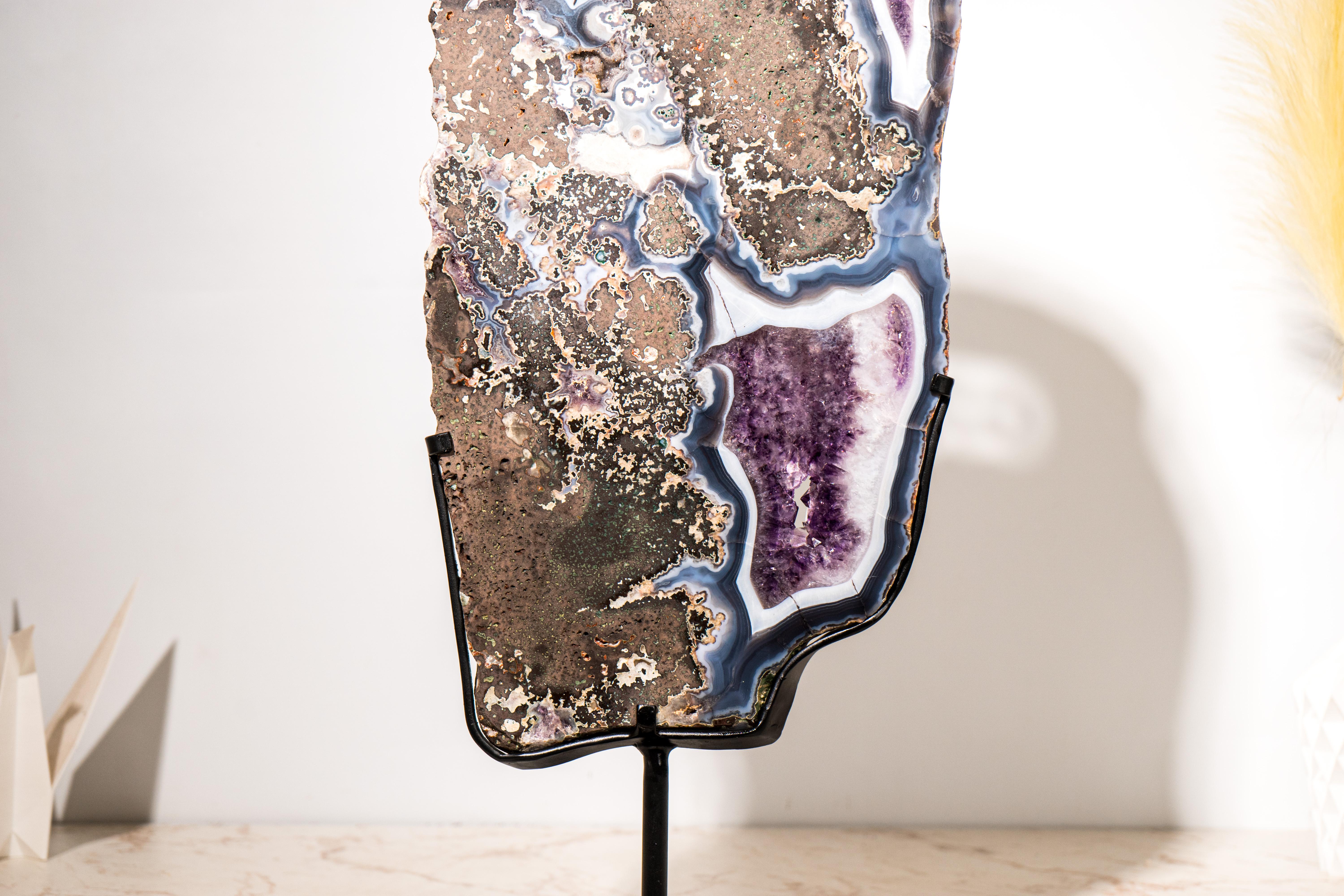 Seltener blauer & weißer Achat mit lila Amethyst Geode Scheibe, Achat Kristall Tablett im Angebot 5