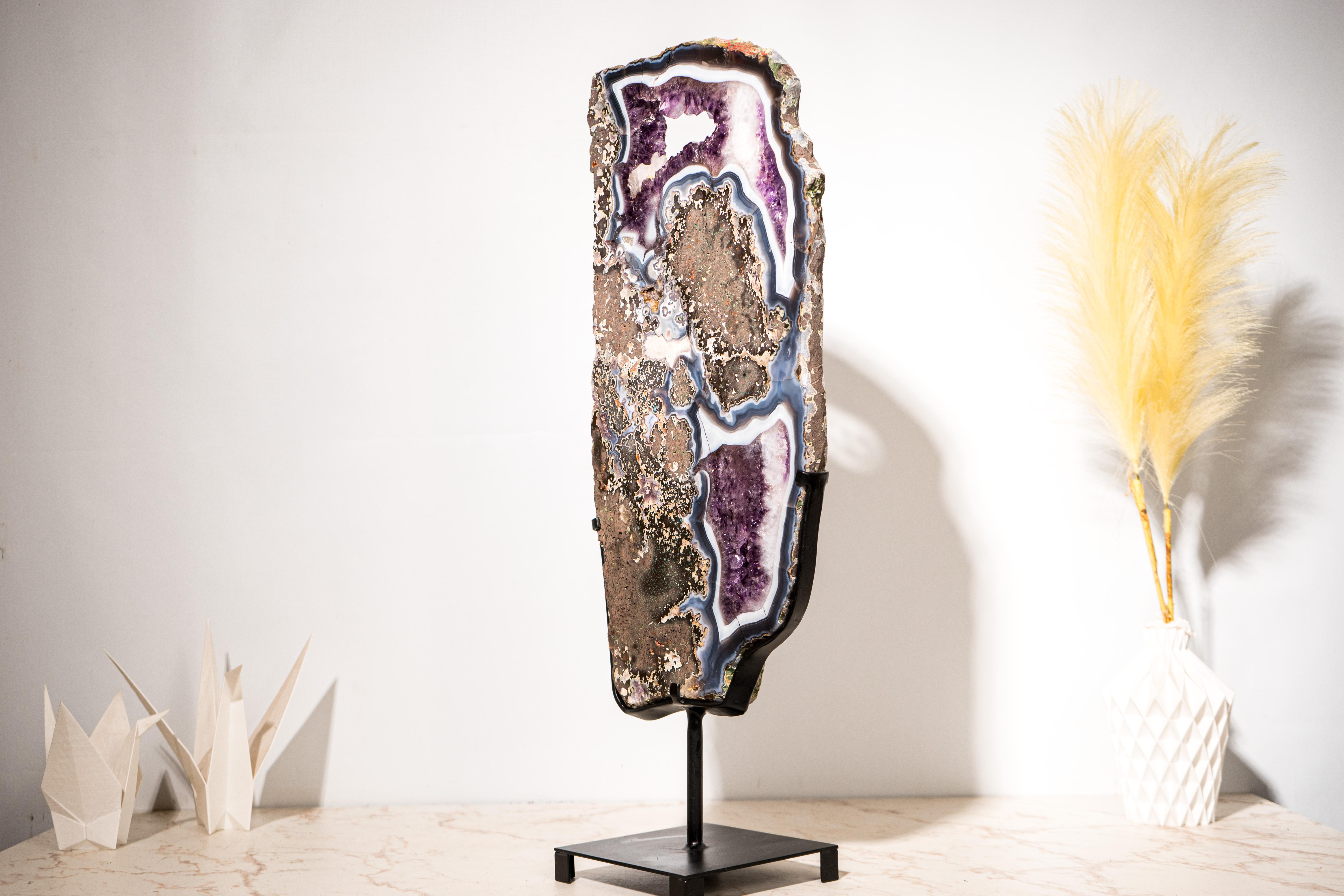 Seltener blauer & weißer Achat mit lila Amethyst Geode Scheibe, Achat Kristall Tablett im Zustand „Neu“ im Angebot in Ametista Do Sul, BR