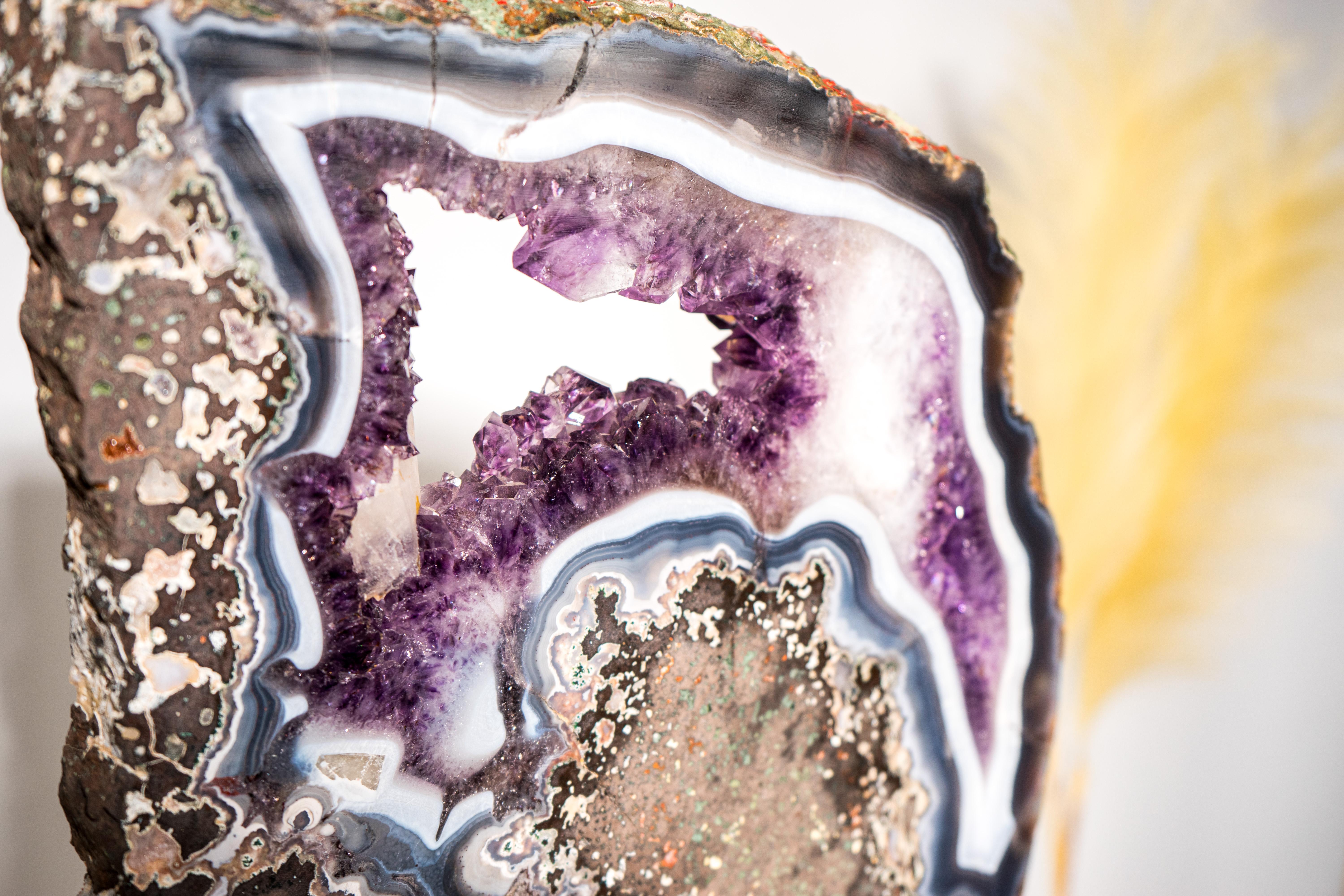 Seltener blauer & weißer Achat mit lila Amethyst Geode Scheibe, Achat Kristall Tablett (21. Jahrhundert und zeitgenössisch) im Angebot