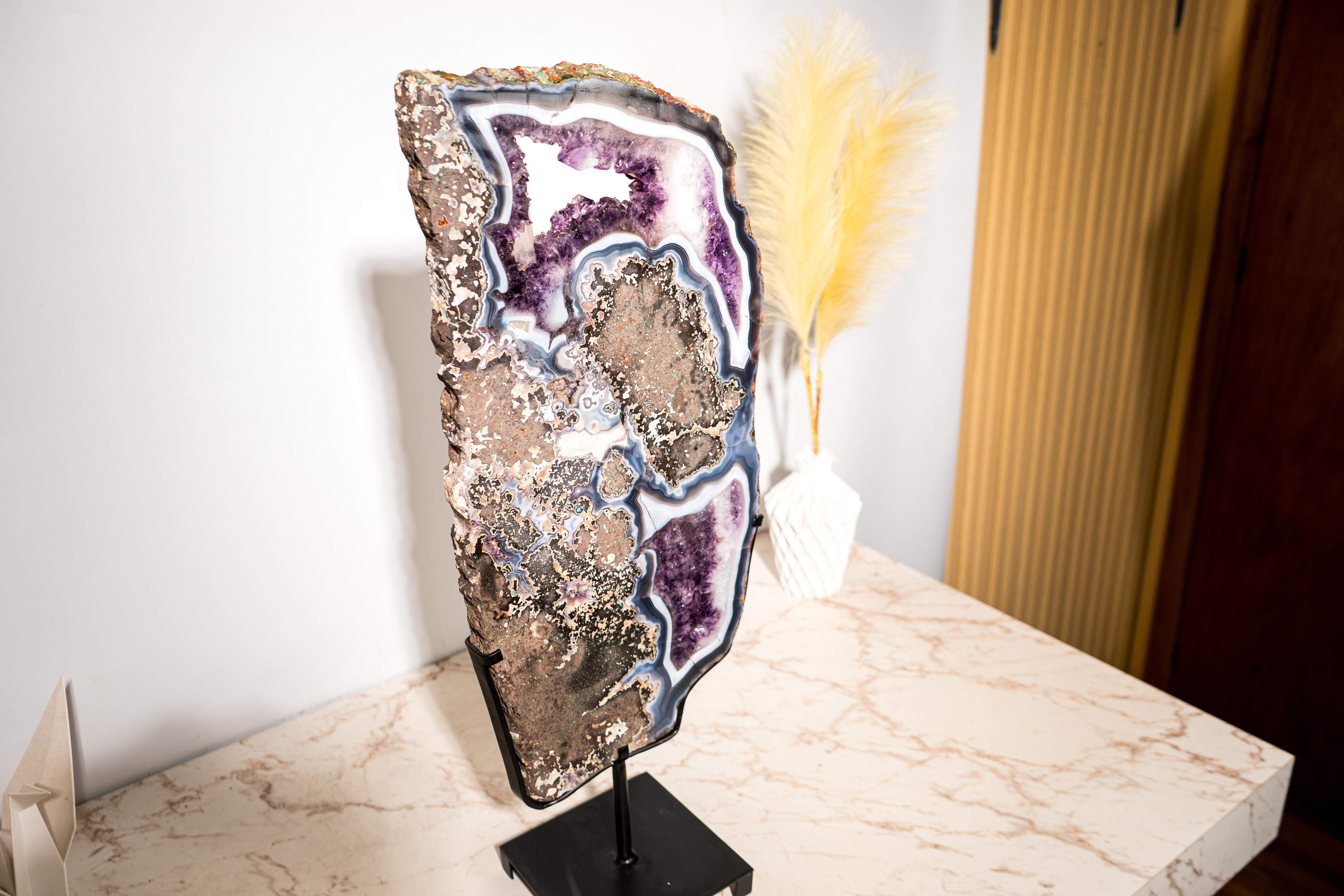 Seltener blauer & weißer Achat mit lila Amethyst Geode Scheibe, Achat Kristall Tablett im Angebot 1
