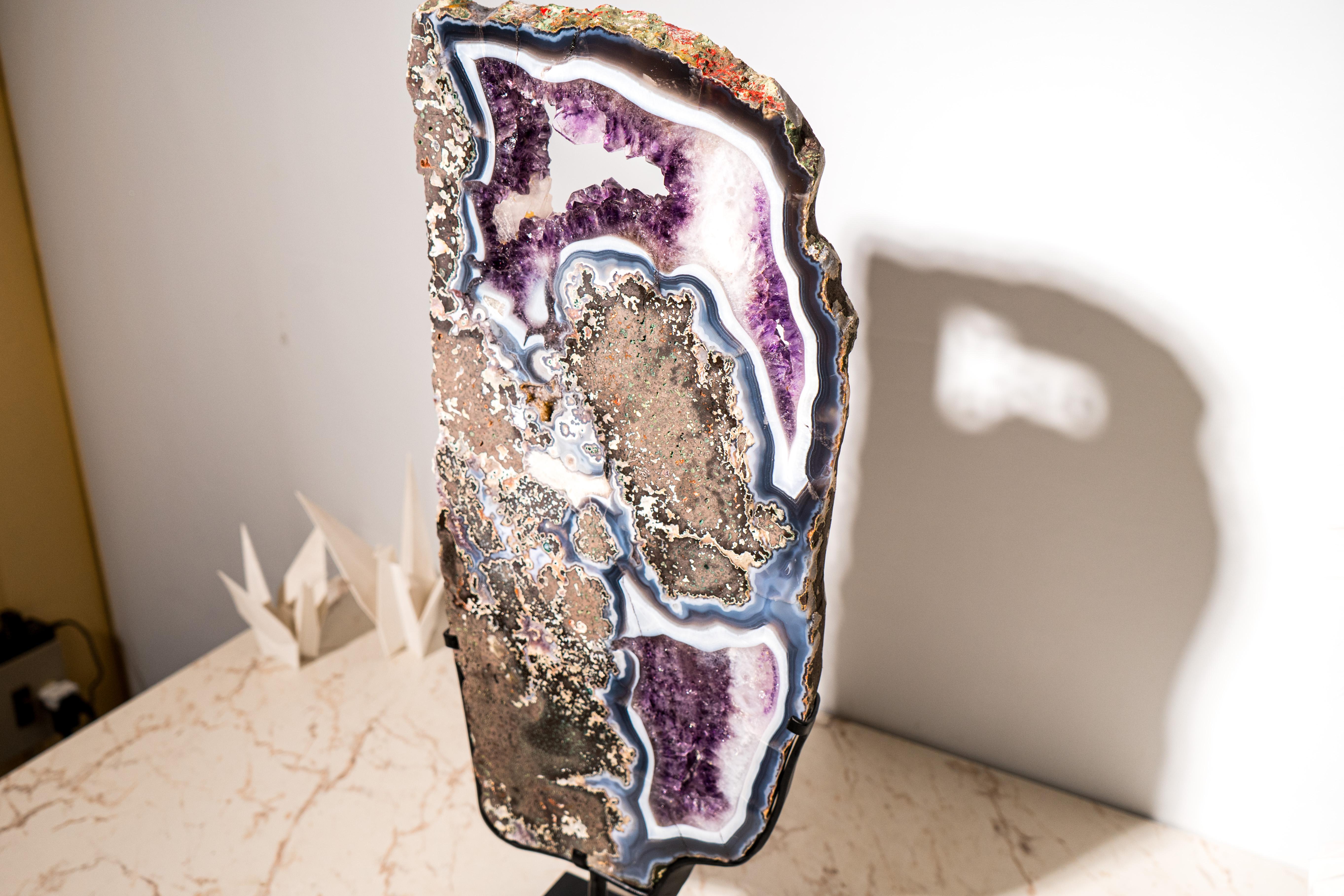 Seltener blauer & weißer Achat mit lila Amethyst Geode Scheibe, Achat Kristall Tablett im Angebot 2