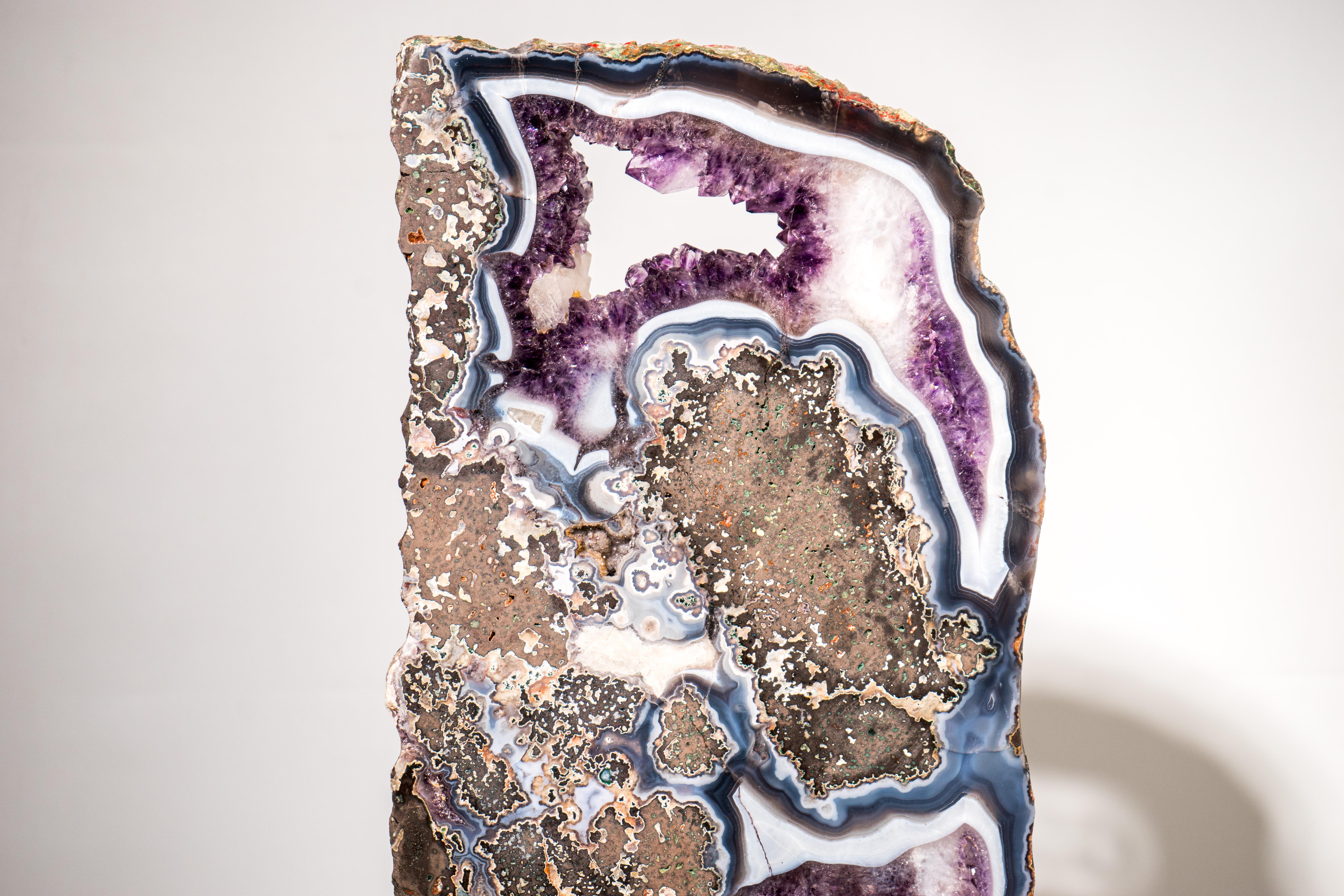 Seltener blauer & weißer Achat mit lila Amethyst Geode Scheibe, Achat Kristall Tablett im Angebot 3