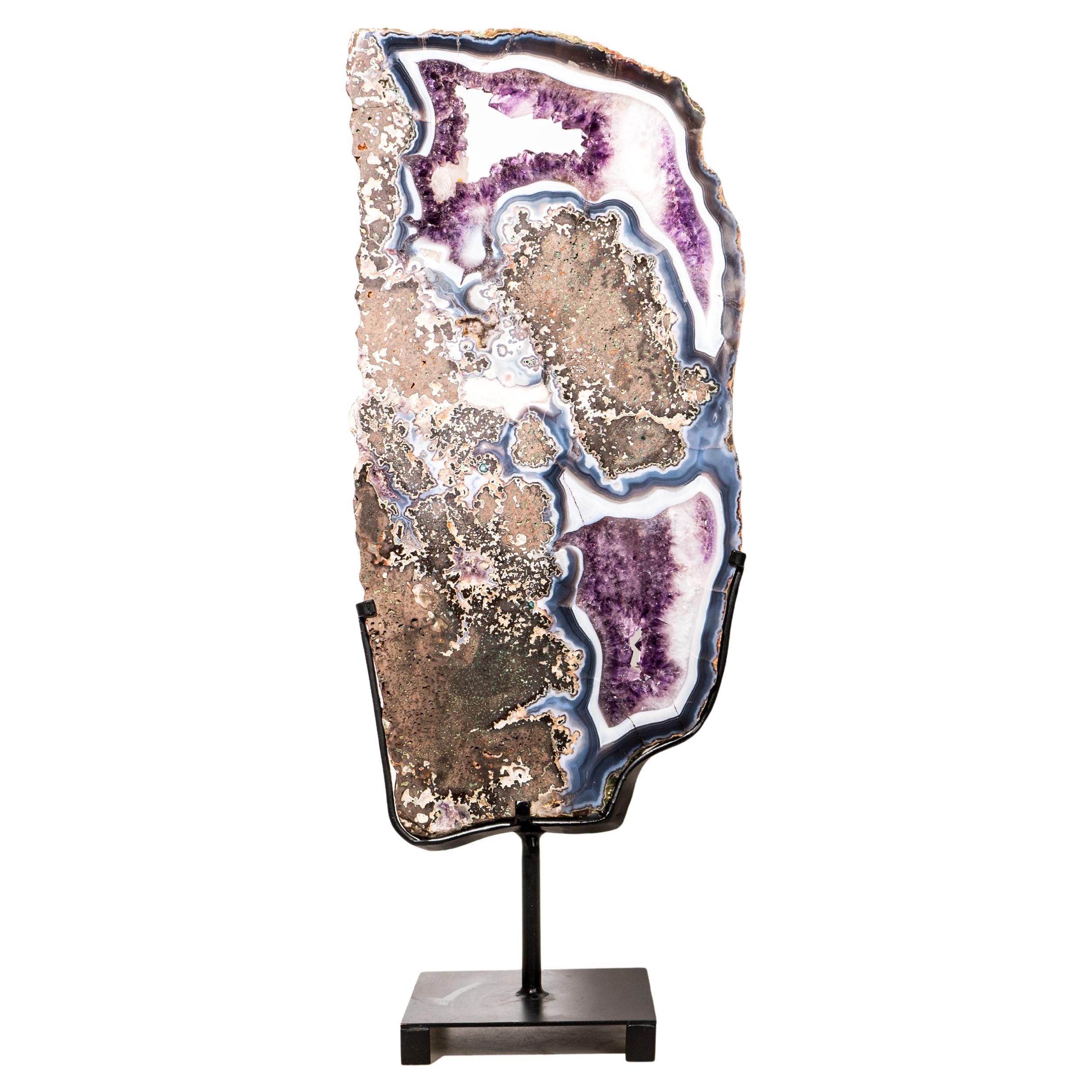 Rara Rodaja de Ágata Azul y Blanca con Geoda de Amatista Morada, Bandeja de Cristal de Ágata