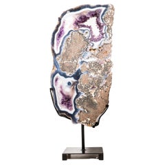 Rare Blue & White Agate with Purple Amethyst in Basalt, Geode Slice