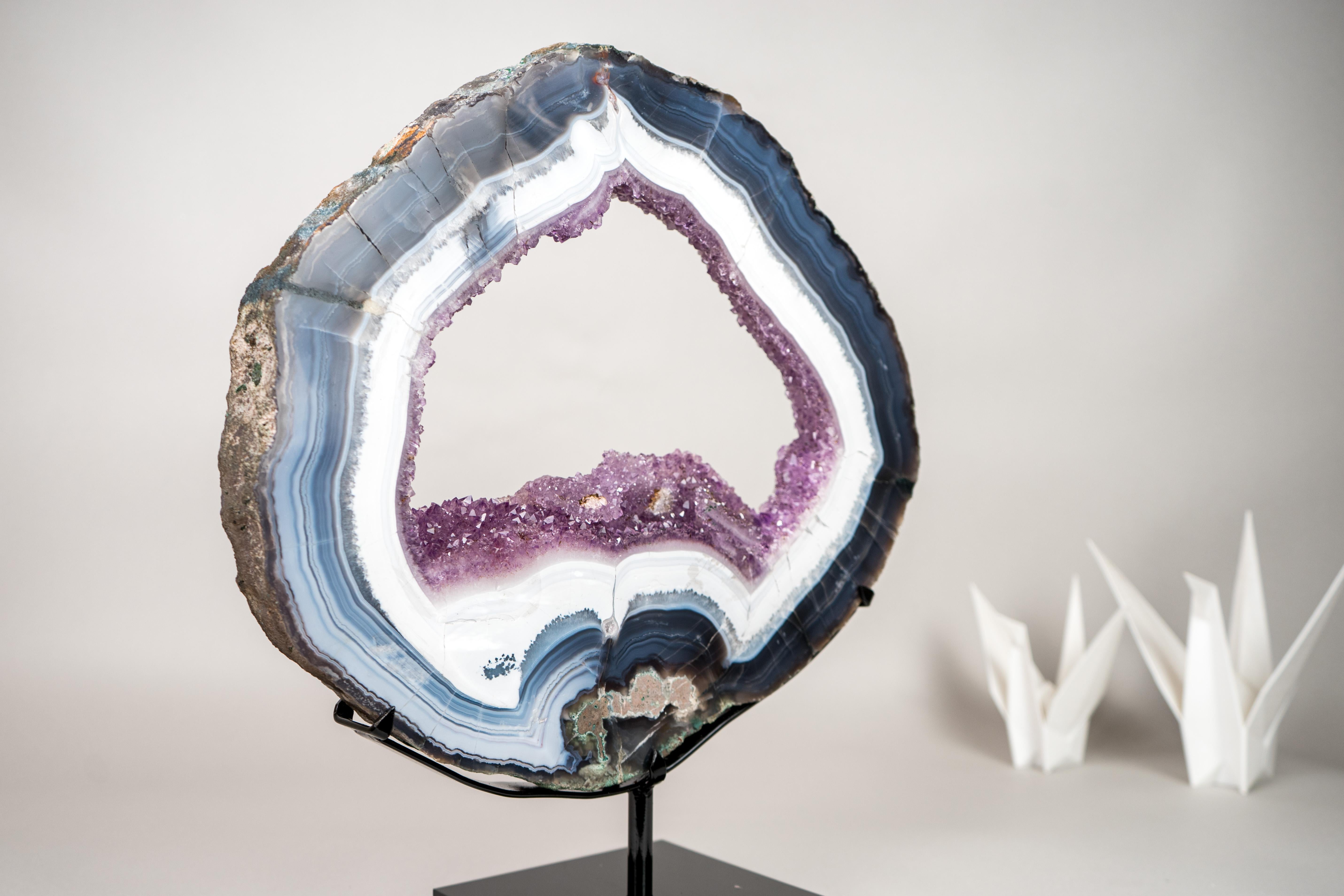Rara Rodaja de Geoda de Ágata Encaje Blanca y Azul con Druzy Amatista Rosa Púrpura

▫️ Descripción

Lo que empezó como una geoda de ágata de origen ético se transformó al cortar una rodaja, dando vida a esta rodaja de geoda de ágata en bandas y