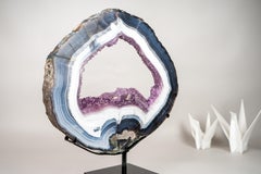 Rare Blue & White Lace Agate Geode Slice with Lavender Amethyst Druzy on Stand