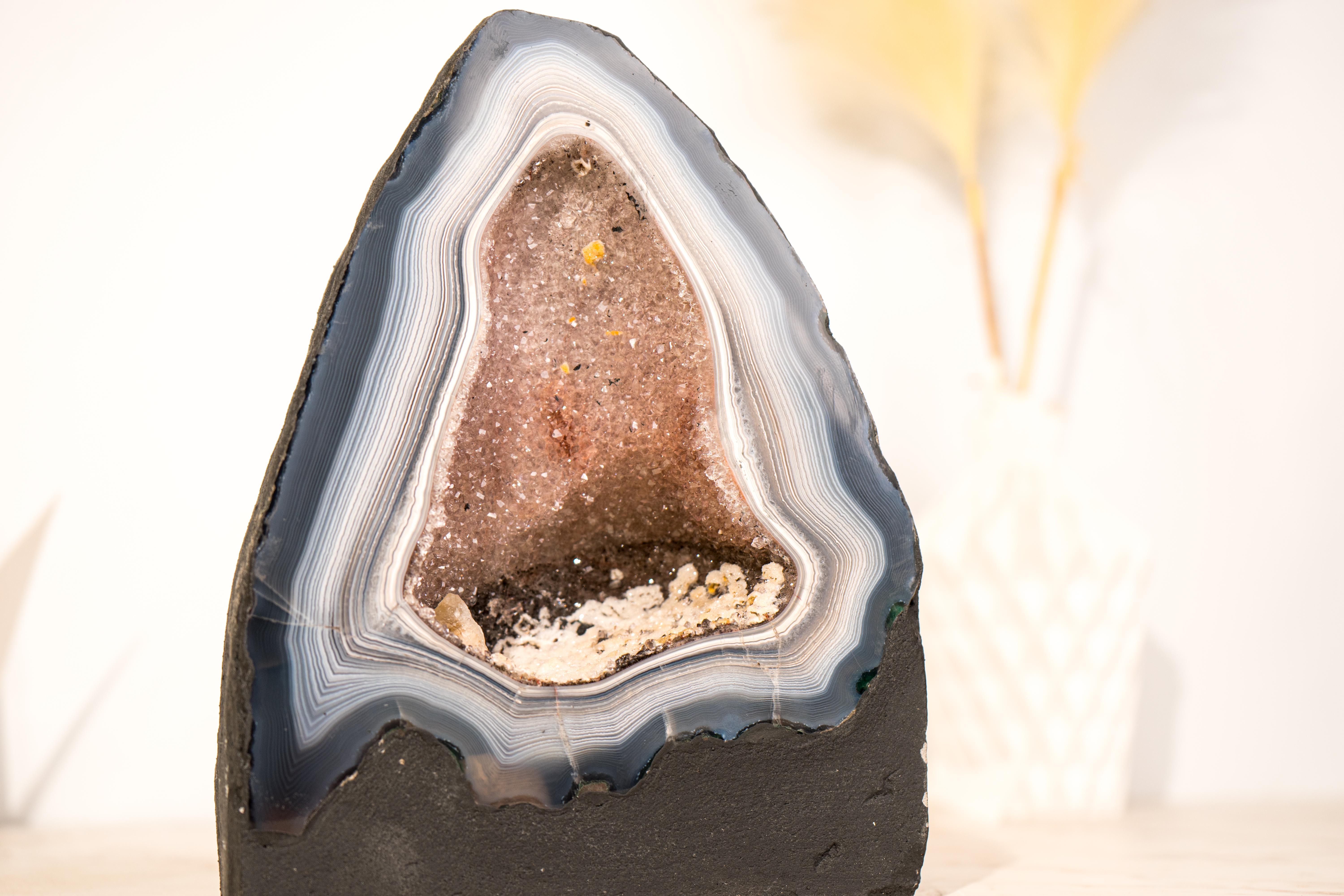 Rare Blue & White Lace Agate Geode with Delicate Striped Pattern & Galaxy Druzy For Sale 5