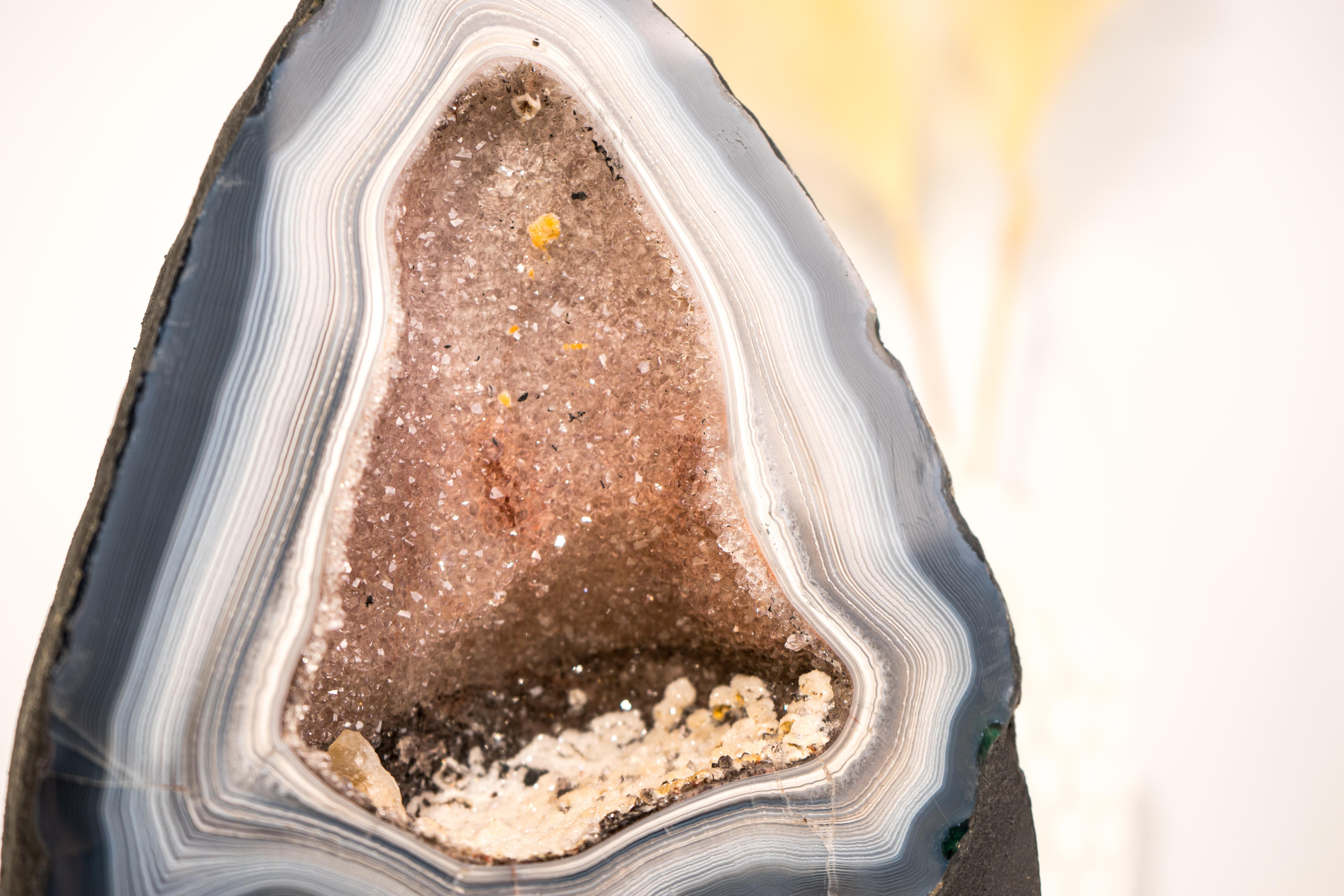 Rare Blue & White Lace Agate Geode with Delicate Striped Pattern & Galaxy Druzy For Sale 7