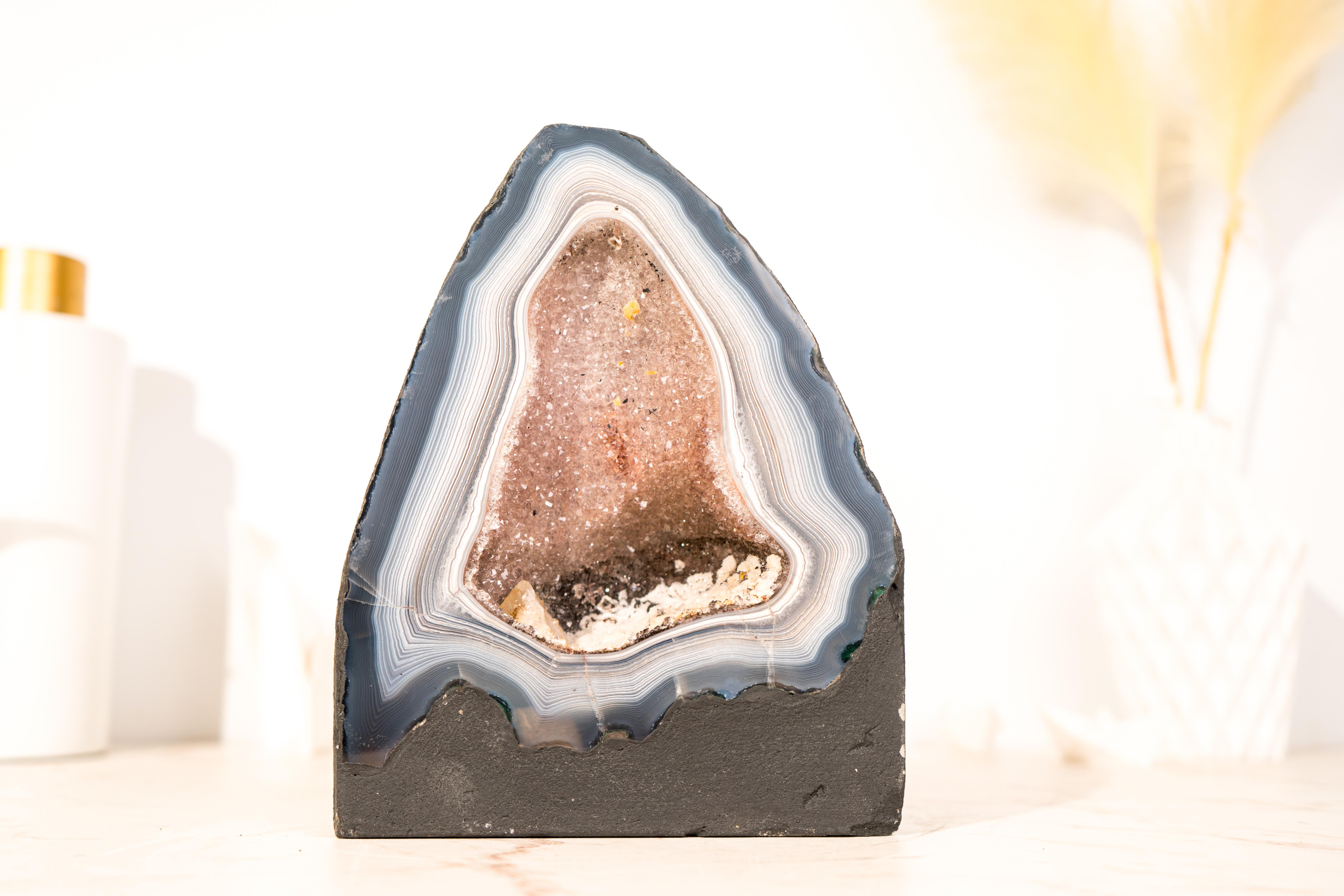 Brazilian Rare Blue & White Lace Agate Geode with Delicate Striped Pattern & Galaxy Druzy For Sale