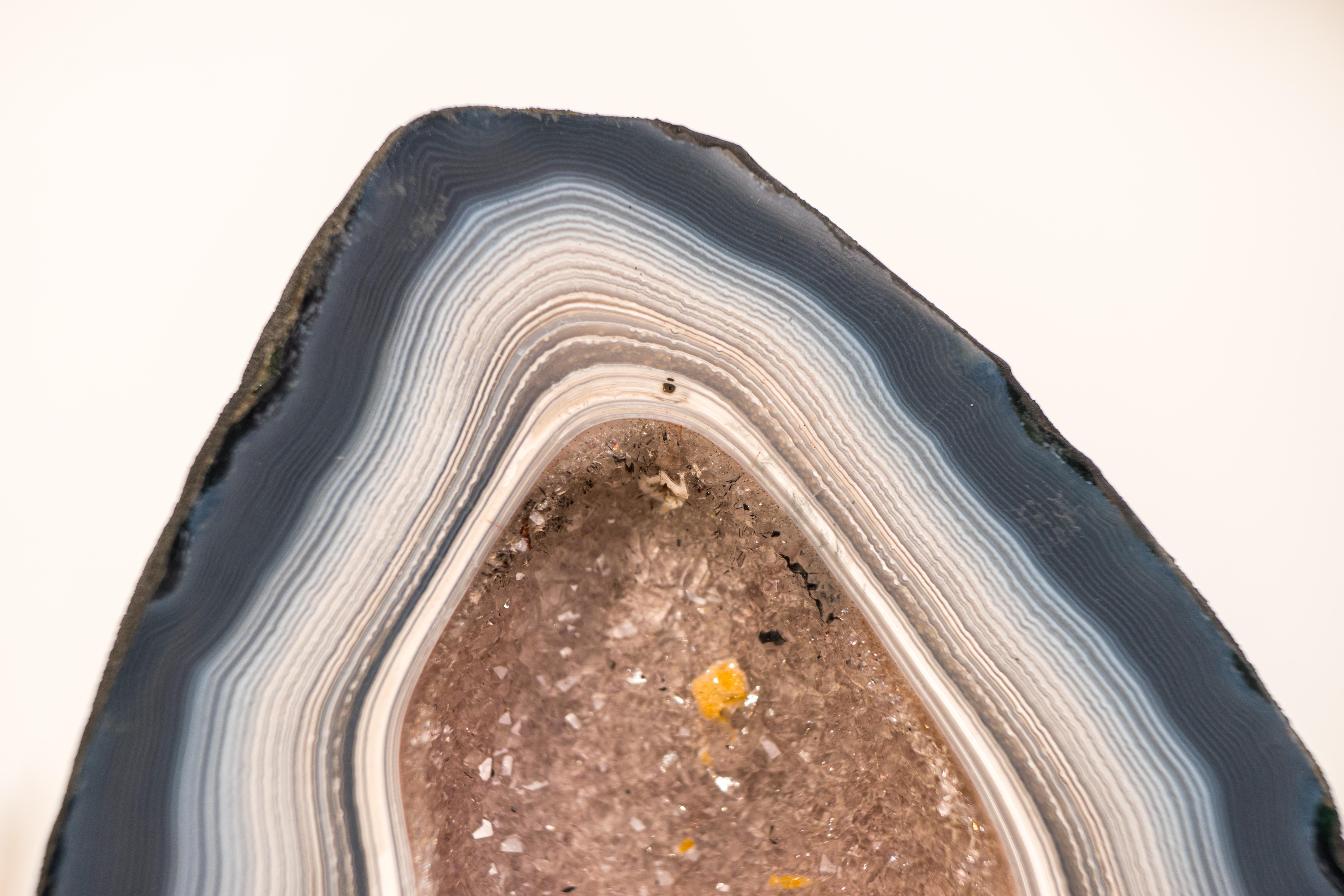 Contemporary Rare Blue & White Lace Agate Geode with Delicate Striped Pattern & Galaxy Druzy For Sale